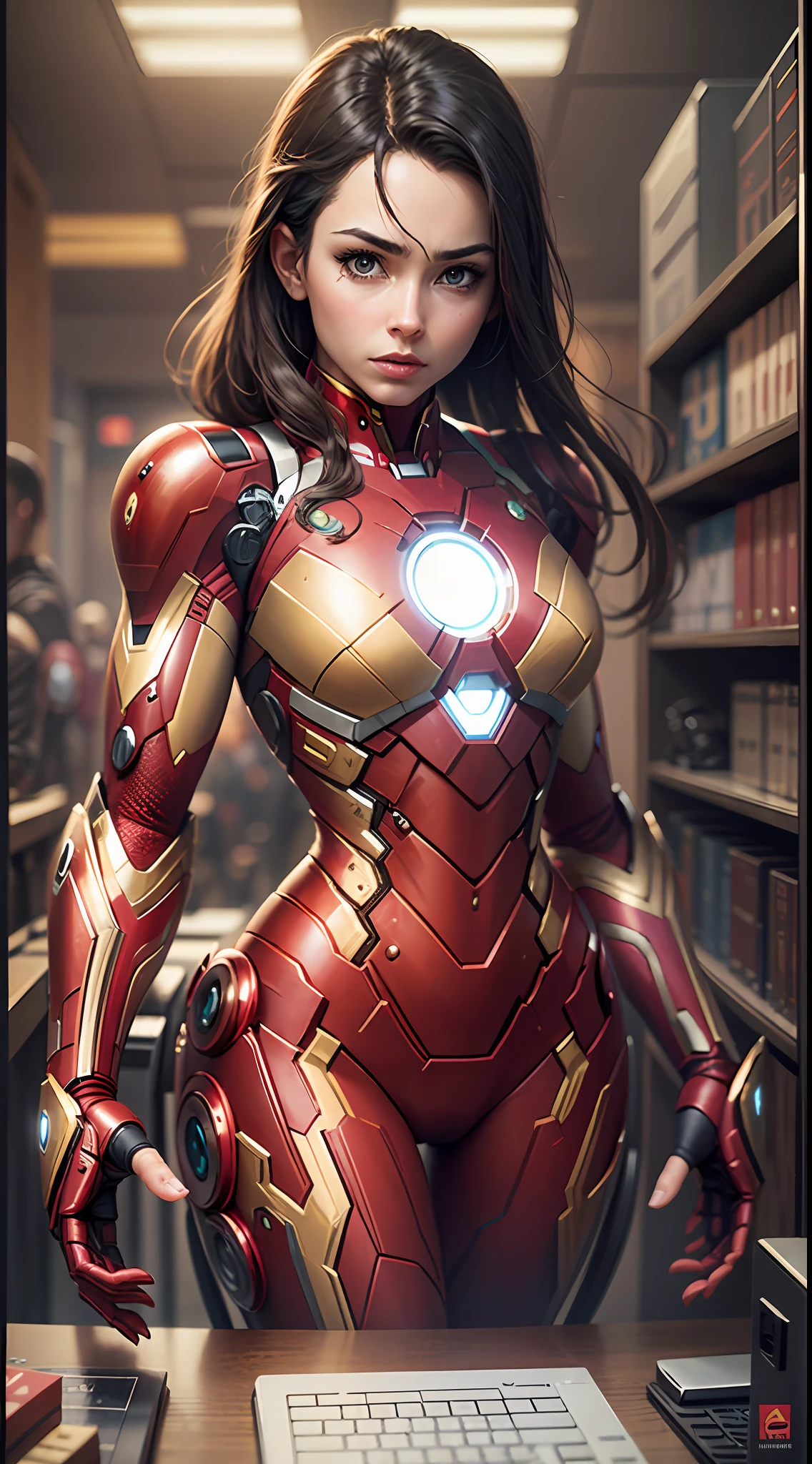 PC desktop, marvel style, woman, hand forward, iron man style