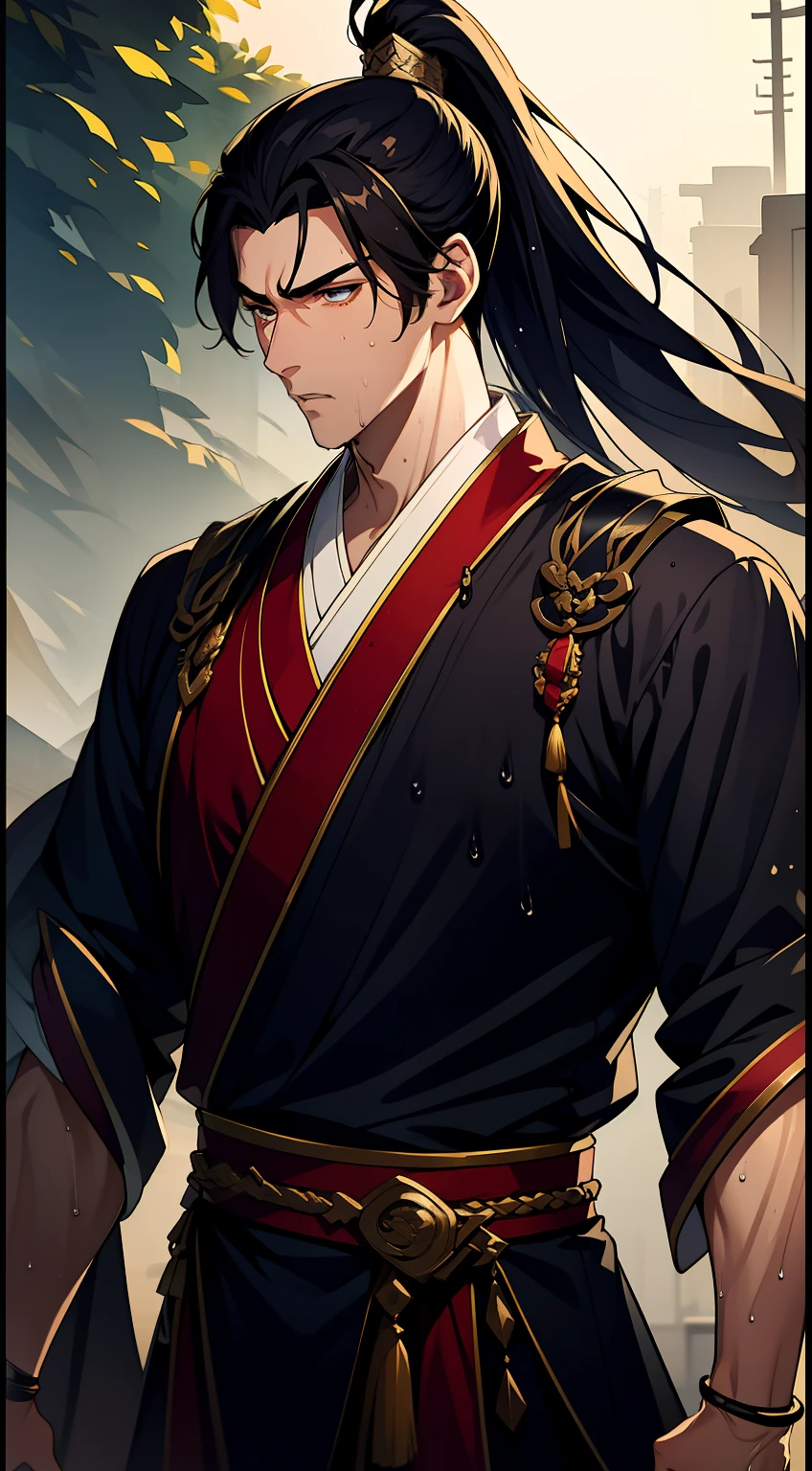 quadratic element，style of anime，mtu（Male Warrior），musculature，The proportions are correct，Face details，swordsmen，High ponytail hairstyle，perspired，Sweat on the face，drools，Neck details，There is an Adam's apple，Get wet，Drenched，Black Hanfu，kaftan，Embroidered robes，Black robe，clothes details，Handing over，longer sleeves，Game quality，Swordsmanship，Light and shadow tracking，Ray traching，detailed glow，cg render，hair detail，cabelos preto e longos，Golden eyes，Sweat on the face，Handsome，Handsome，Beads of sweat slipped down my neck，（juvenile sense），Clothing is complicated，Drenched，Get wet，Perfectcomposition，Refinement，high qulity，higher details，Lots of details，The background is complex，a sense of atmosphere，