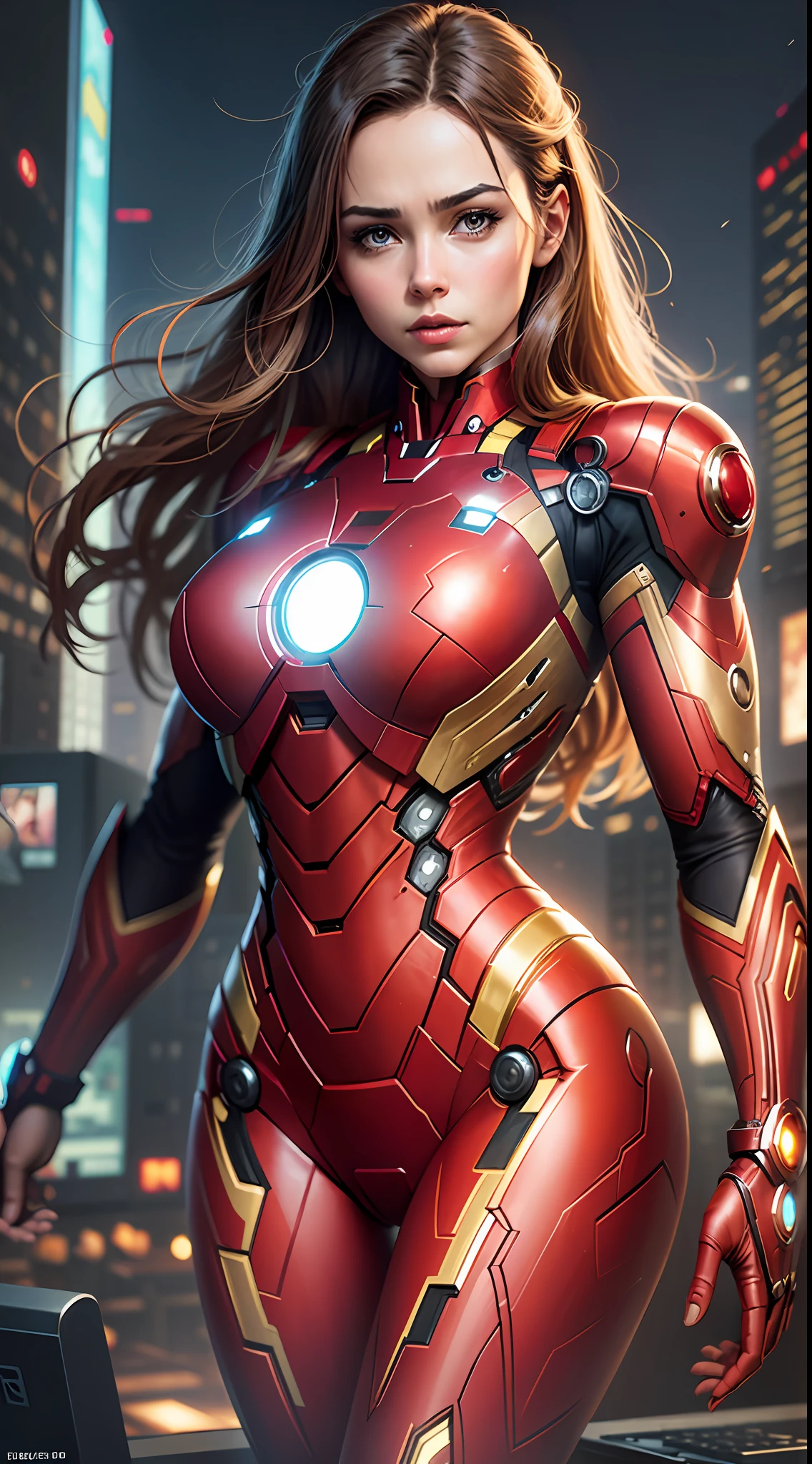 PC desktop, marvel style, woman, hand forward, iron man style