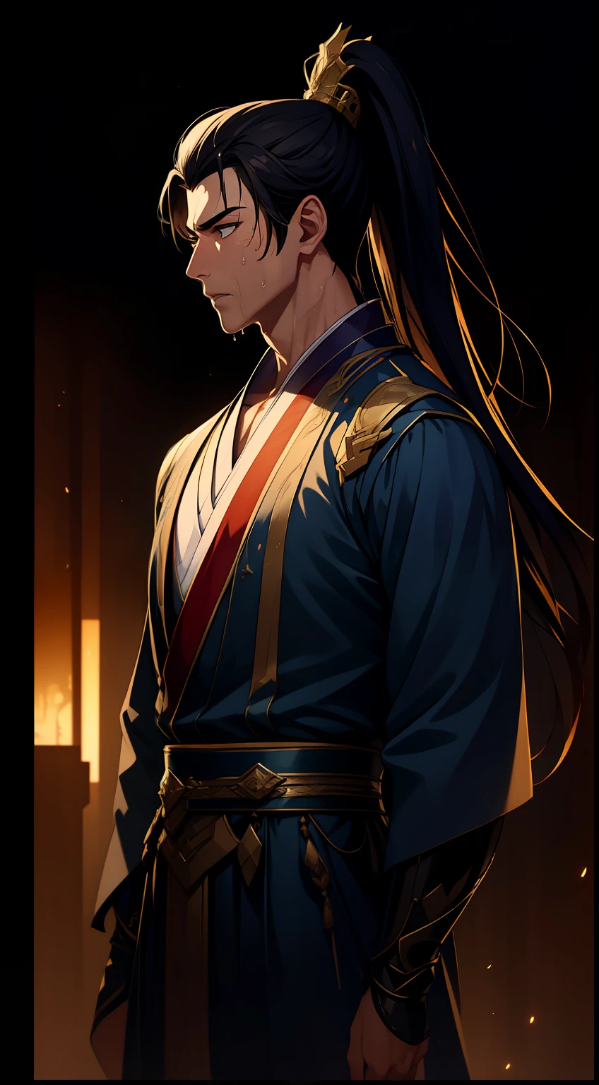 quadratic element，style of anime，mtu（Male Warrior），musculature，The proportions are correct，Face details，swordsmen，High ponytail hairstyle，perspired，Sweat on the face，drools，Neck details，There is an Adam's apple，Get wet，Drenched，Black Hanfu，kaftan，Embroidered robes，Black robe，clothes details，Handing over，longer sleeves，Game quality，Swordsmanship，Light and shadow tracking，Ray traching，detailed glow，cg render，hair detail，cabelos preto e longos，Golden eyes，Sweat on the face，Handsome，Handsome，Beads of sweat slipped down my neck，（juvenile sense），Clothing is complicated，Drenched，Get wet，Perfectcomposition，Refinement，high qulity，higher details，Lots of details，The background is complex，a sense of atmosphere，