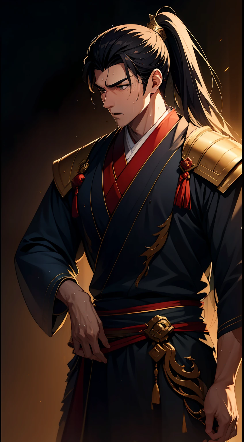 quadratic element，style of anime，mtu（Male Warrior），musculature，The proportions are correct，Face details，swordsmen，High ponytail hairstyle，perspired，Sweat on the face，drools，Neck details，There is an Adam's apple，Get wet，Drenched，Black Hanfu，kaftan，Embroidered robes，Black robe，clothes details，Handing over，longer sleeves，Game quality，Swordsmanship，Light and shadow tracking，Ray traching，detailed glow，cg render，hair detail，cabelos preto e longos，Golden eyes，Sweat on the face，Handsome，Handsome，Beads of sweat slipped down my neck，（juvenile sense），Clothing is complicated，Drenched，Get wet，Perfectcomposition，Refinement，high qulity，higher details，Lots of details，The background is complex，a sense of atmosphere，