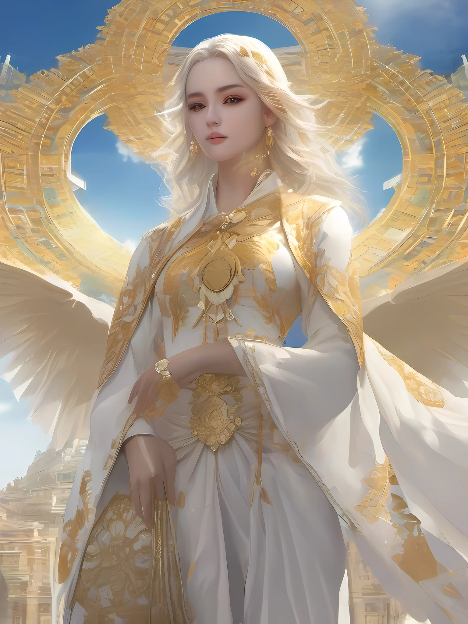 (tmasterpiece,top Quority,offcial art,Beauty and aesthetics:1.2),1girll, are standing, Gold pattern robe, White pants, look at front, The aura of the halo, Gold Wing, had his hands folded, coiffed blonde hair, Black eyes, Closed mouth, (The upper part of the body), sunny clear sky, Skylight, Abandoned temple background, extremely detaile,(s fractal art:1.3),Extremely colorful,Most detailed。