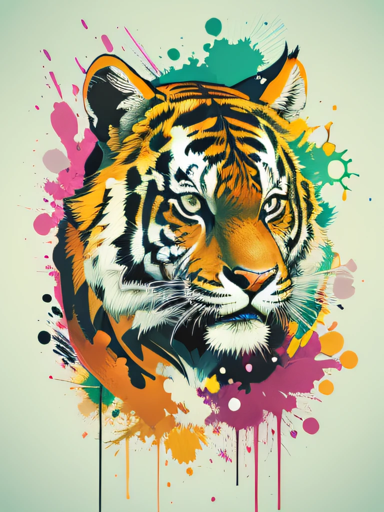 vector art, Colorful illustration with tiger graffiti, in the center, Bright colors, paint splashes and blots, high detail, whitebackground