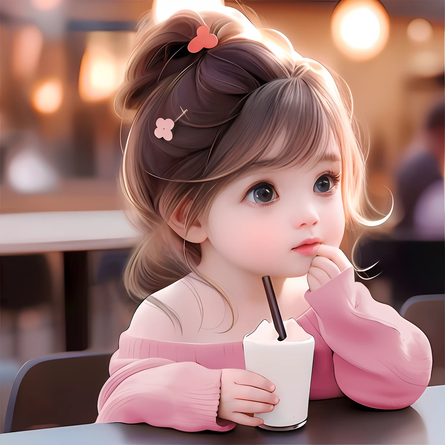 there is a little girl sitting at a table with a drink, adorable digital art, cute beautiful, Realistic cute girl painting, lovely digital painting, Cute and lovely, beautiful lovely, cute cute, Cute anime girl, cute kawaii girls, Cute cartoon character, Cute detailed digital art, Cute cartoon, young and cute girl, Cute young girl, Young and cute