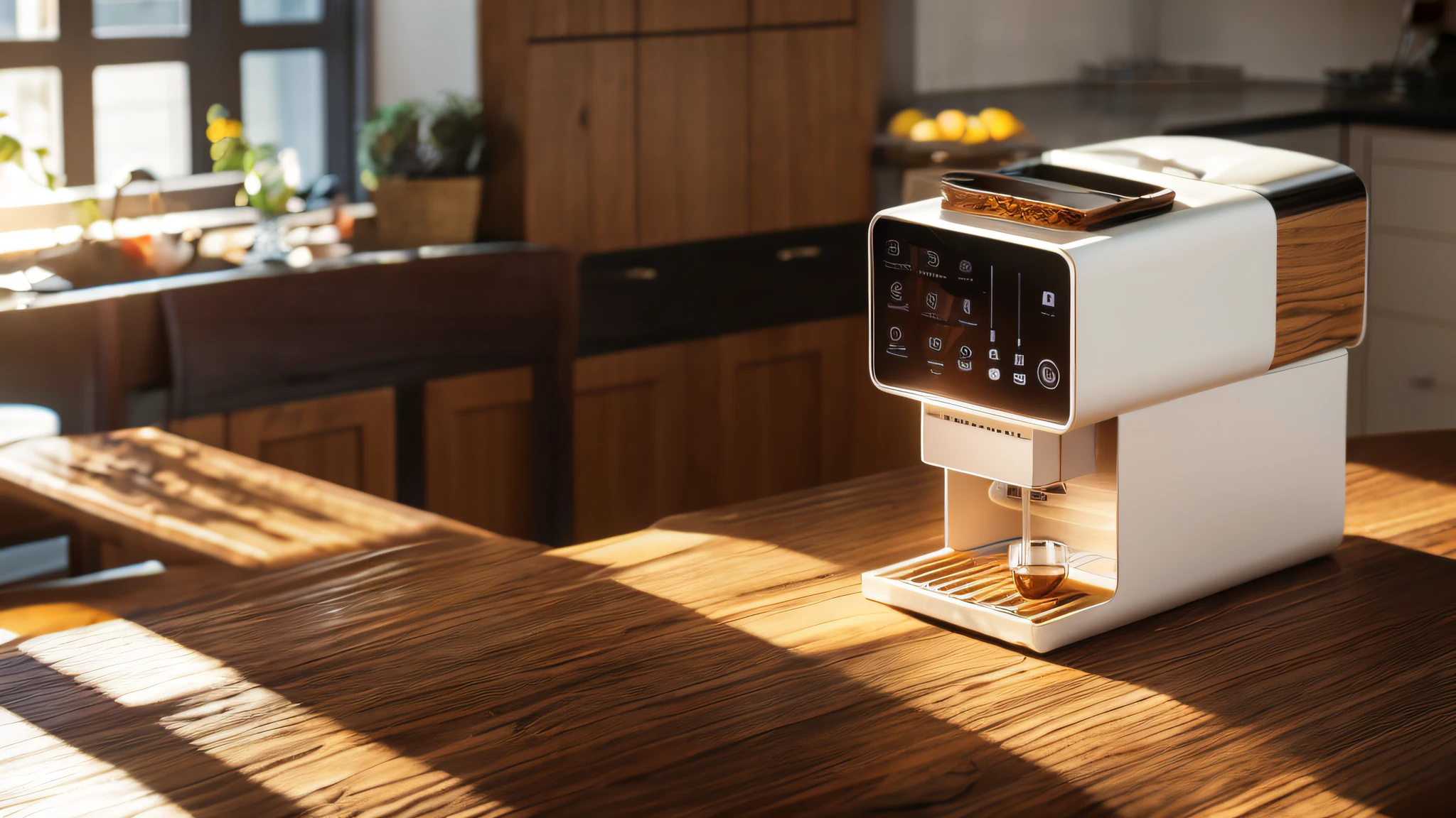 Air fryer placed on the table，There is a table，There were chairs and a bowl of fruit on it，Rectangular wooden table，tuba，wooden tables，dining table，dining table，Wooden table，High quality，wooden tables，elegant and refined，elegant furniture，line sleek，desks，white kitchen table，Chiaroscuro, hyper HD, 8K, Best picture quality ,realisticlying，Foto realism，cupboard，Lens perspective blur，Bright lights，Realistic lighting