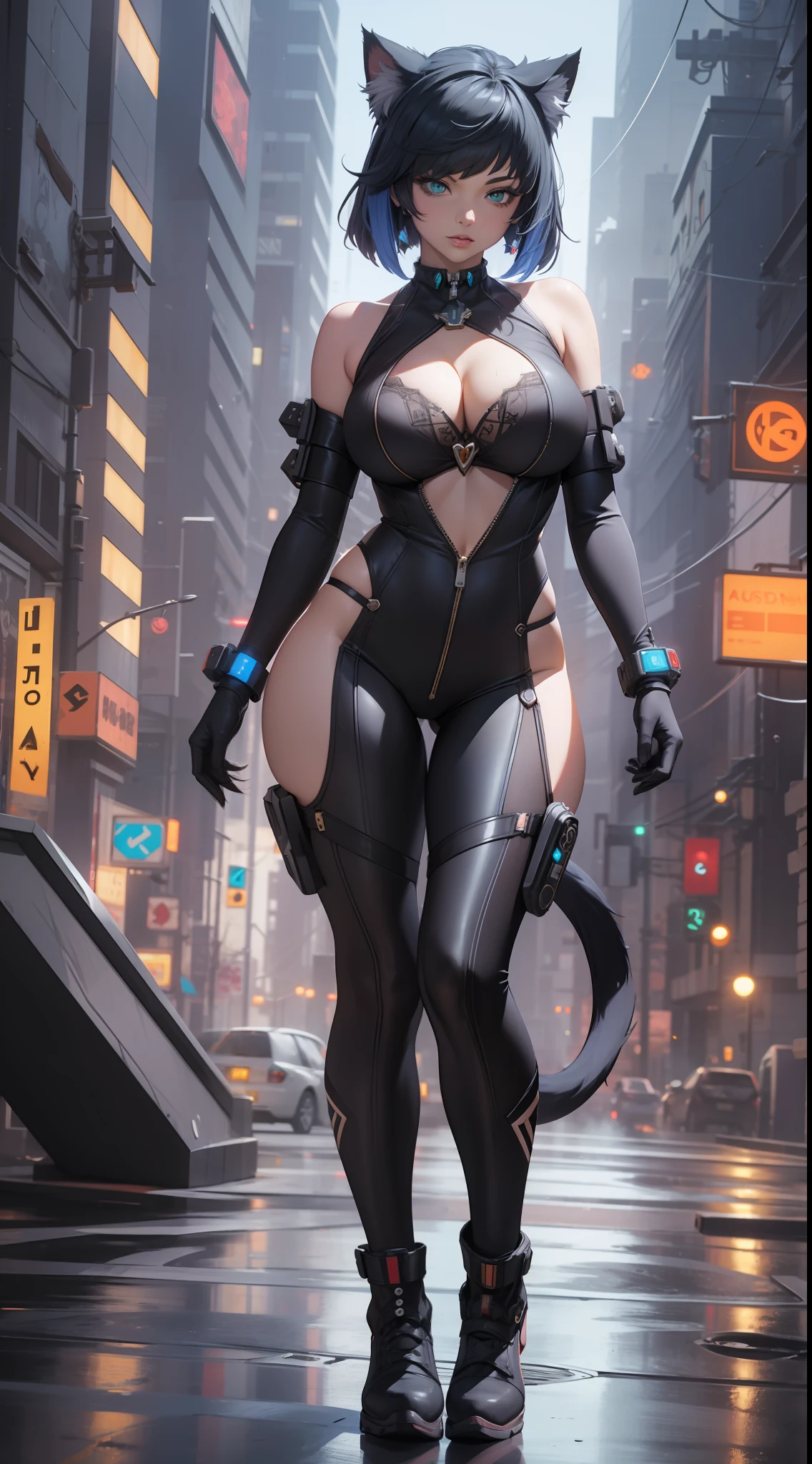 16K, RTX, HDR, unreal engine, octane render, absurdres, best quality, masterpiece, realistic, highly detailed, Beautiful, tall, cool, edgy, cyberpunk sexy cat girl, futuristic full body suit, form fitting, seductive, sensual, cleavage, bob hair, cat ears, professional make-up.