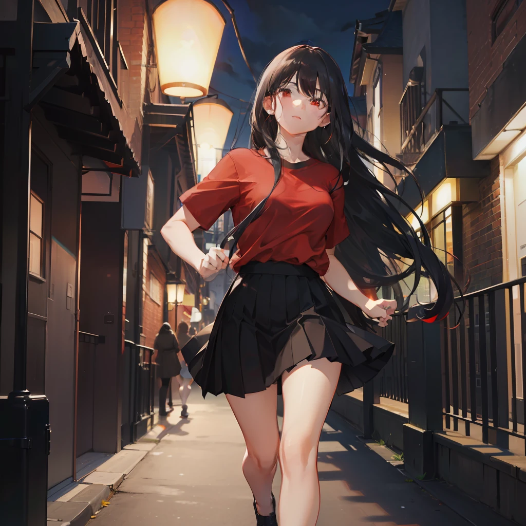 masterpiece、hightquality、vivd colour、(((Long Black Hair)))、(((Red Shirt)))、(((a black skirt)))、(((Residential area at night)))、(((run)))