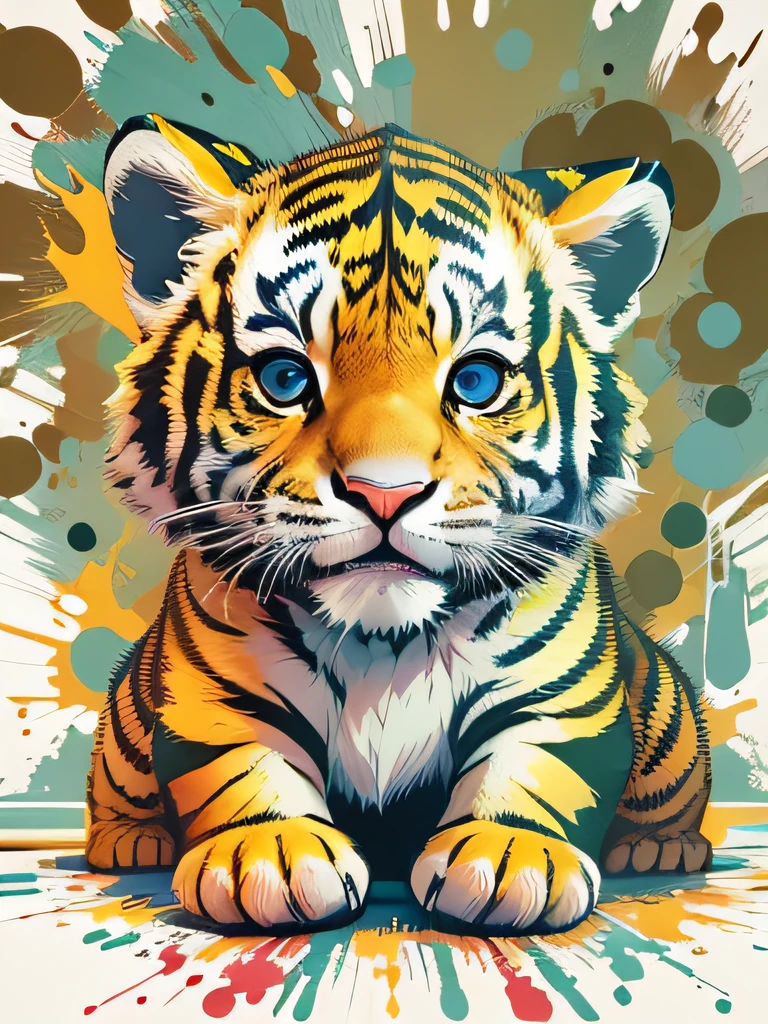 vector art, Colorful illustration with graffiti little cute tiger cub, in the center, Bright colors, paint splashes and blots, high detail, whitebackground