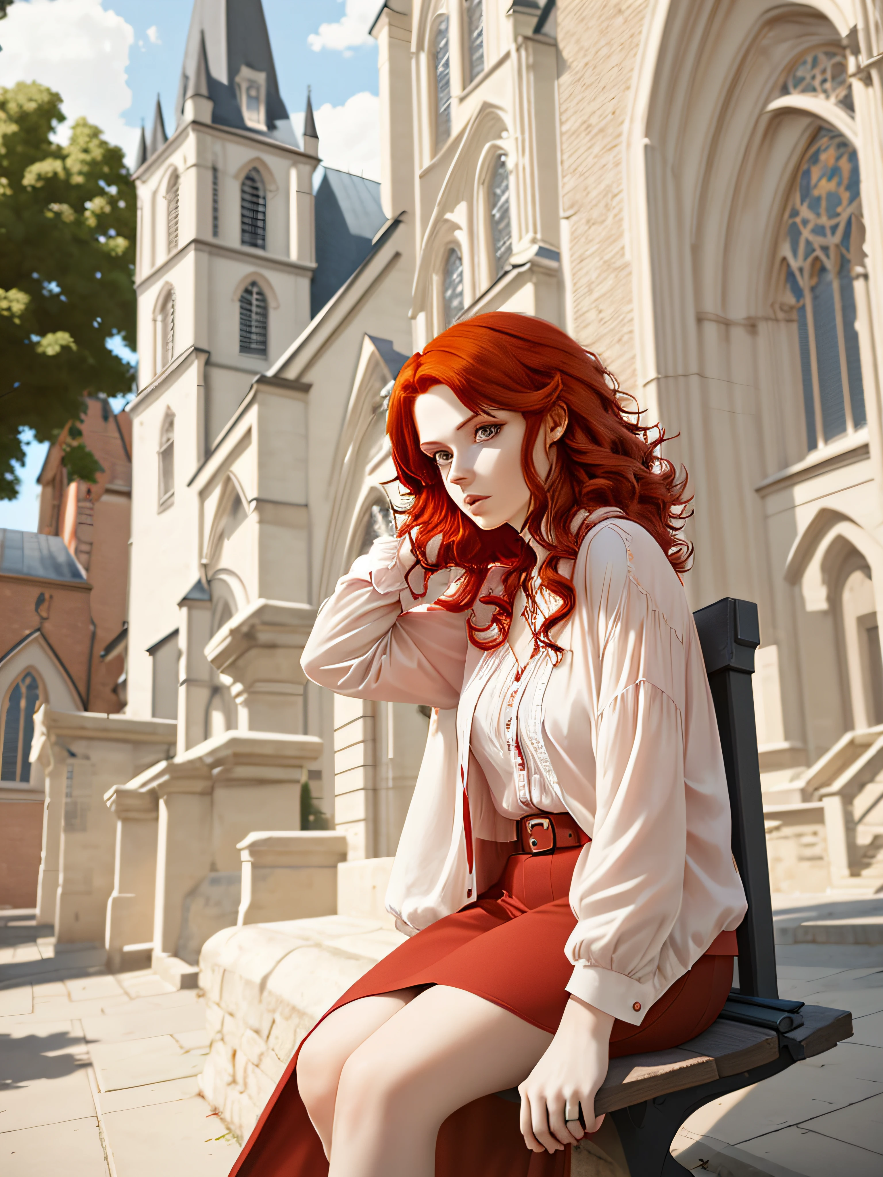 Woman with red hair sitting on a bench in front of a church, red hair and attractive facial features, redhead hair, Dramatic hair color, with red hair, Woman with red hair, Strong red hue, light red hair, long red hair, red long hair, Red wig, a redheaded young woman, soft red hair