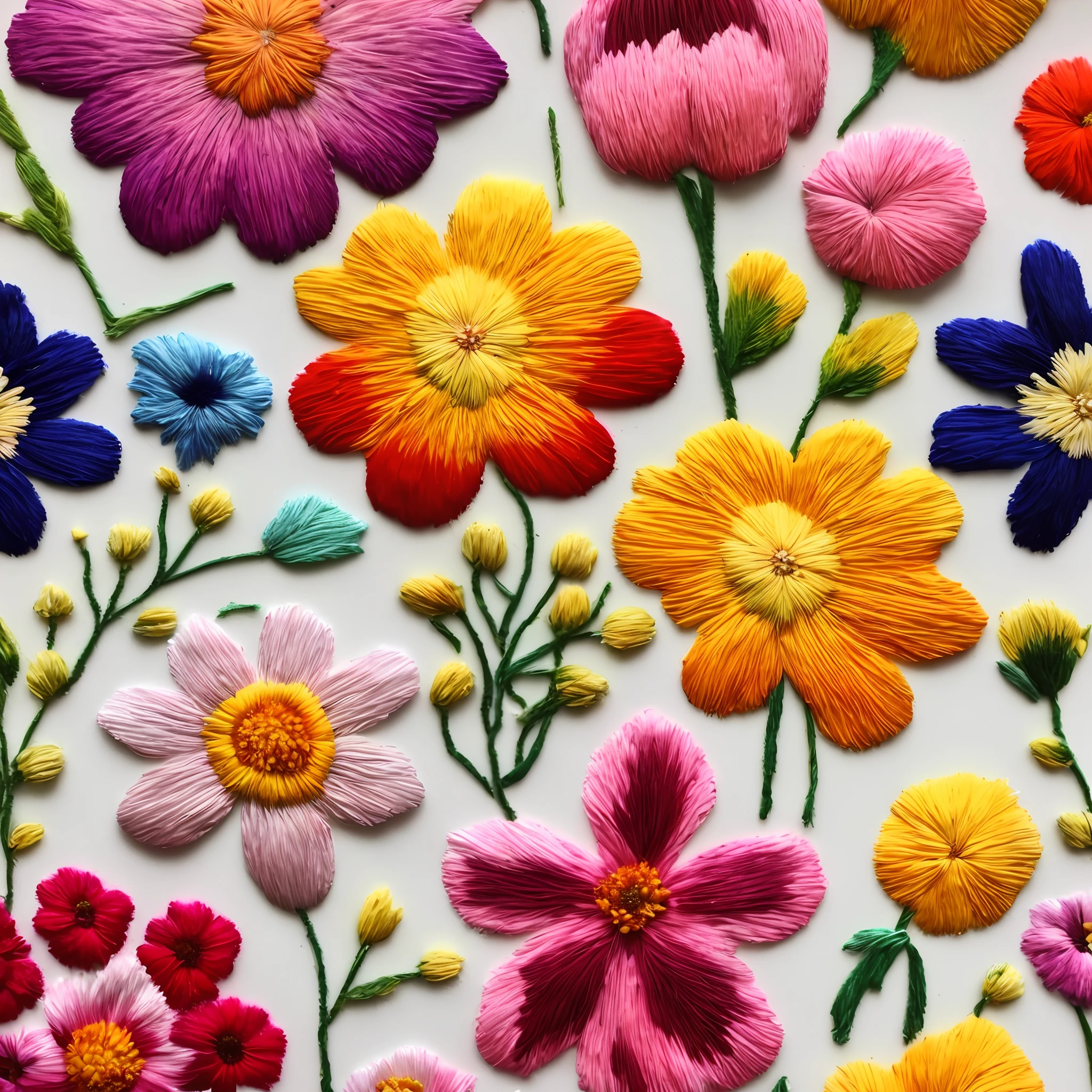 a closeup of a bouquet of flowers on a white surface, bordados florais, bordados de tecido, flores coloridas, flores coloridas, flores florais coloridas, flores de cores vivas, motivos de poder floral, bordado, flores detalhadas, flores coloridas, muitas flores, bordados intrincados, cada vez mais flores, flores com detalhes intrincados, muitas flores, flores irregulares, flores e flores