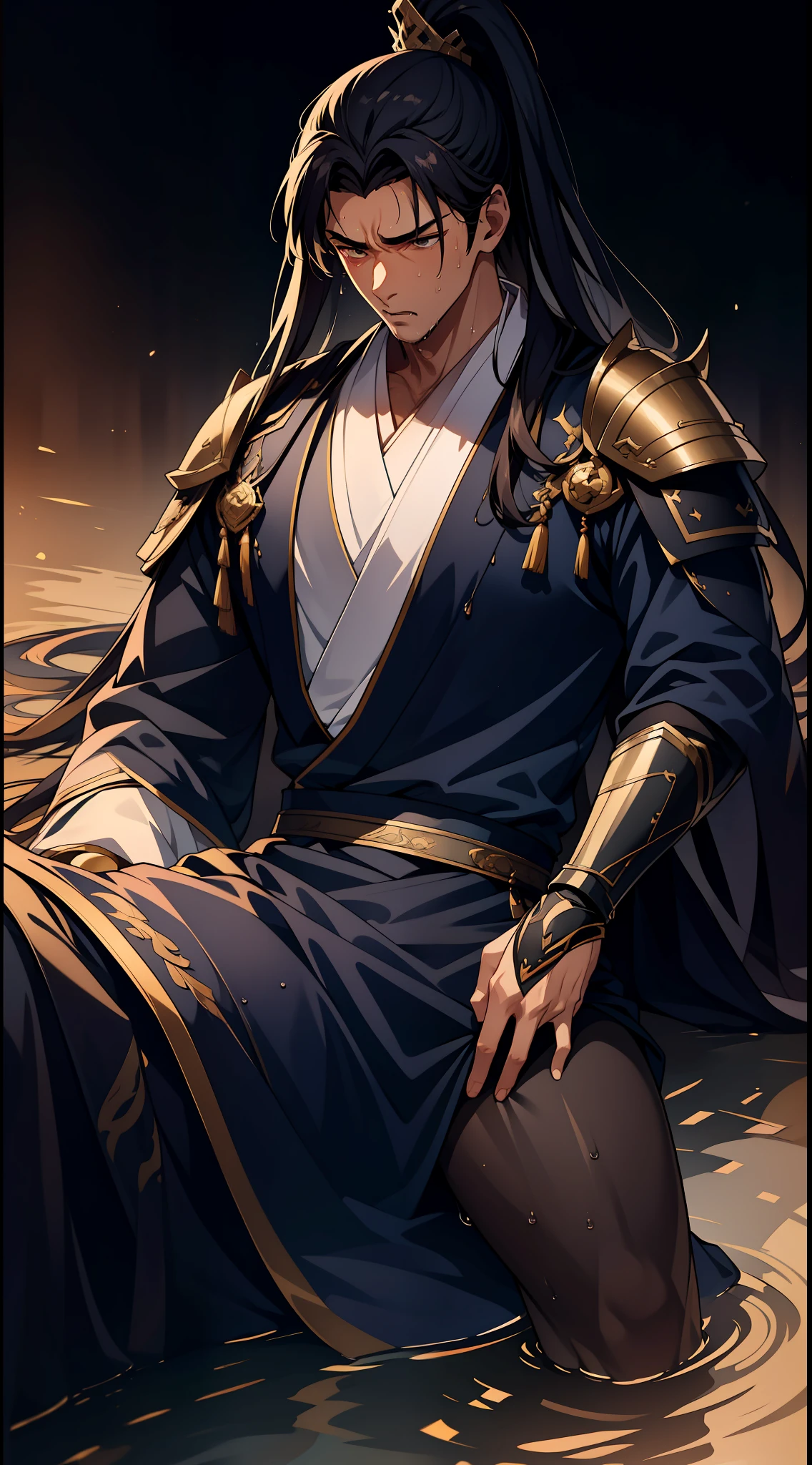 quadratic element,style of anime,mtu(Male Warrior),musculature,The proportions are correct,Face details,swordsmen,High ponytail hairstyle,perspired,Sweat on the face,drools,Neck details,There is an Adam's apple,Get wet,Drenched,Black Hanfu,kaftan,Embroidered robes,Black robe,clothes details,Handing over,longer sleeves,Game quality,Swordsmanship,Light and shadow tracking,Ray traching,detailed glow,cg render,hair detail,cabelos preto e longos,Golden eyes,Sweat on the face,Handsome,Handsome,Beads of sweat slipped down my neck,(juvenile sense),Clothing is complicated,Drenched,Get wet,Perfectcomposition,Refinement,high qulity,higher details,Lots of details,The background is complex,a sense of atmosphere,