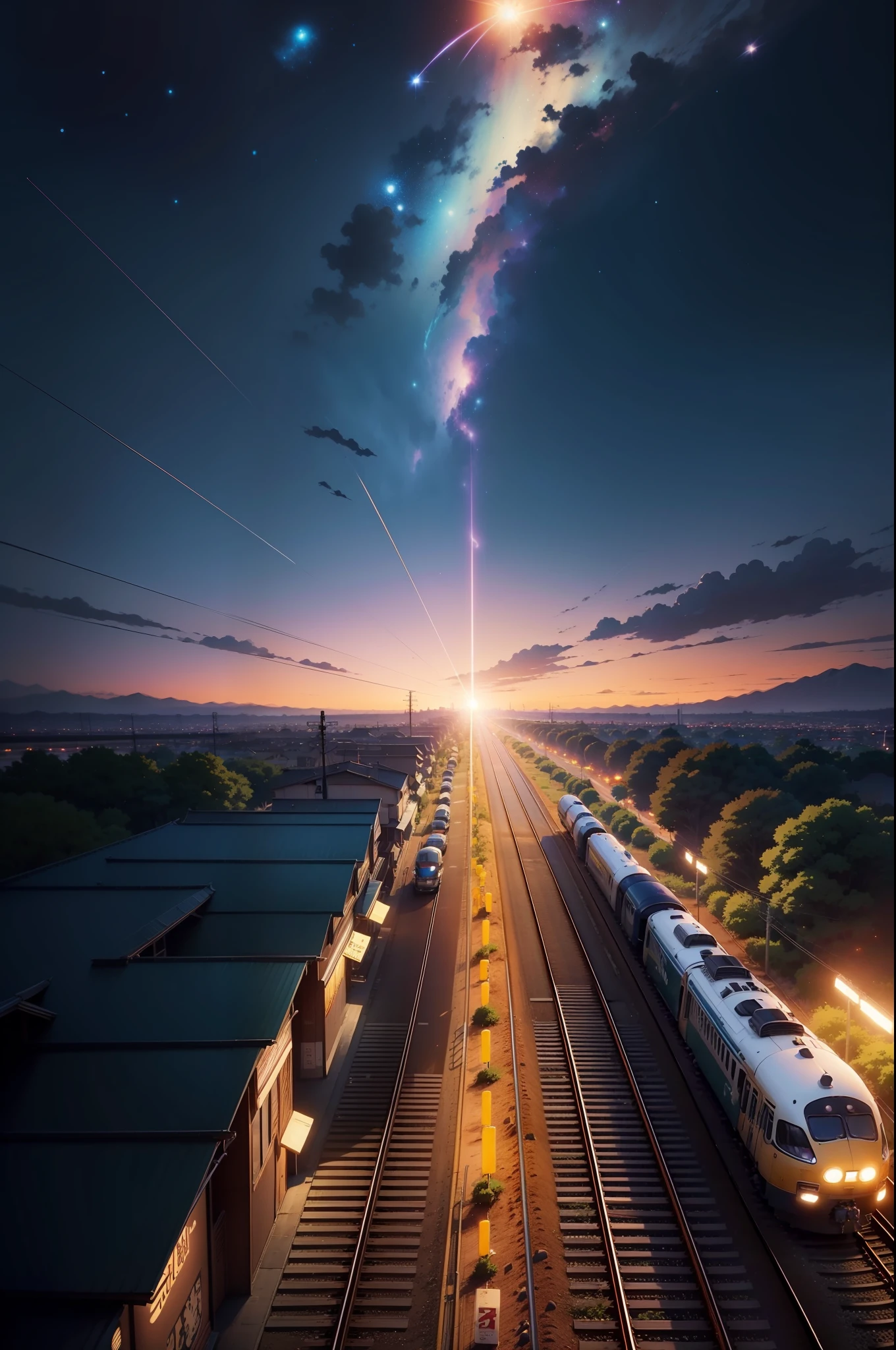There's a train running along the tracks, flores de Sakura voando, sakura trees, tons de rosa, cosmic sky, arte conceitual de Makoto Shinkai, Tumblr, magic realism, belas cenas de anime, cosmic sky. Por Makoto Shinkai, ( ( Makoto Shinkai ) ), arte de fundo de anime, fundos de anime, Estilo Makoto Shinkai, planos de fundo de filmes de anime, galaxy express, Sem humanos.