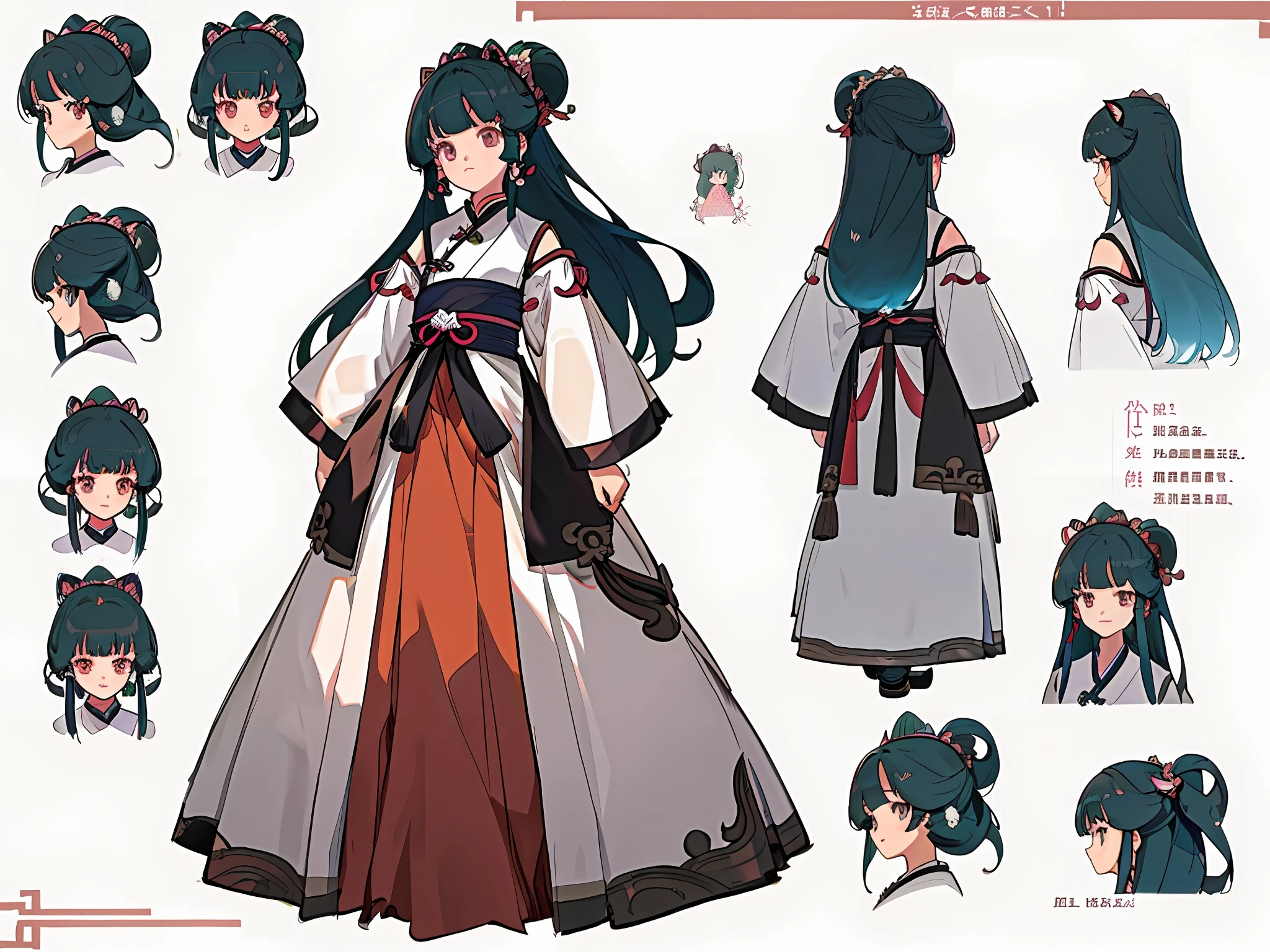 ((tmasterpiece)),(((Best Picture Quality))),(character design sheet,Same role,frontage,Lateral face,on back),illustration,1 girl,Hair color,Hairpins,long whitr hair,By bangs,Classic hairstyle,Eyes,Environment conversion,Classic hairstyle,The movements are elegant,feminine charm,cat ear,Cat tail,Close-up of people,(minimalistic background,Plain white background:1.3)。