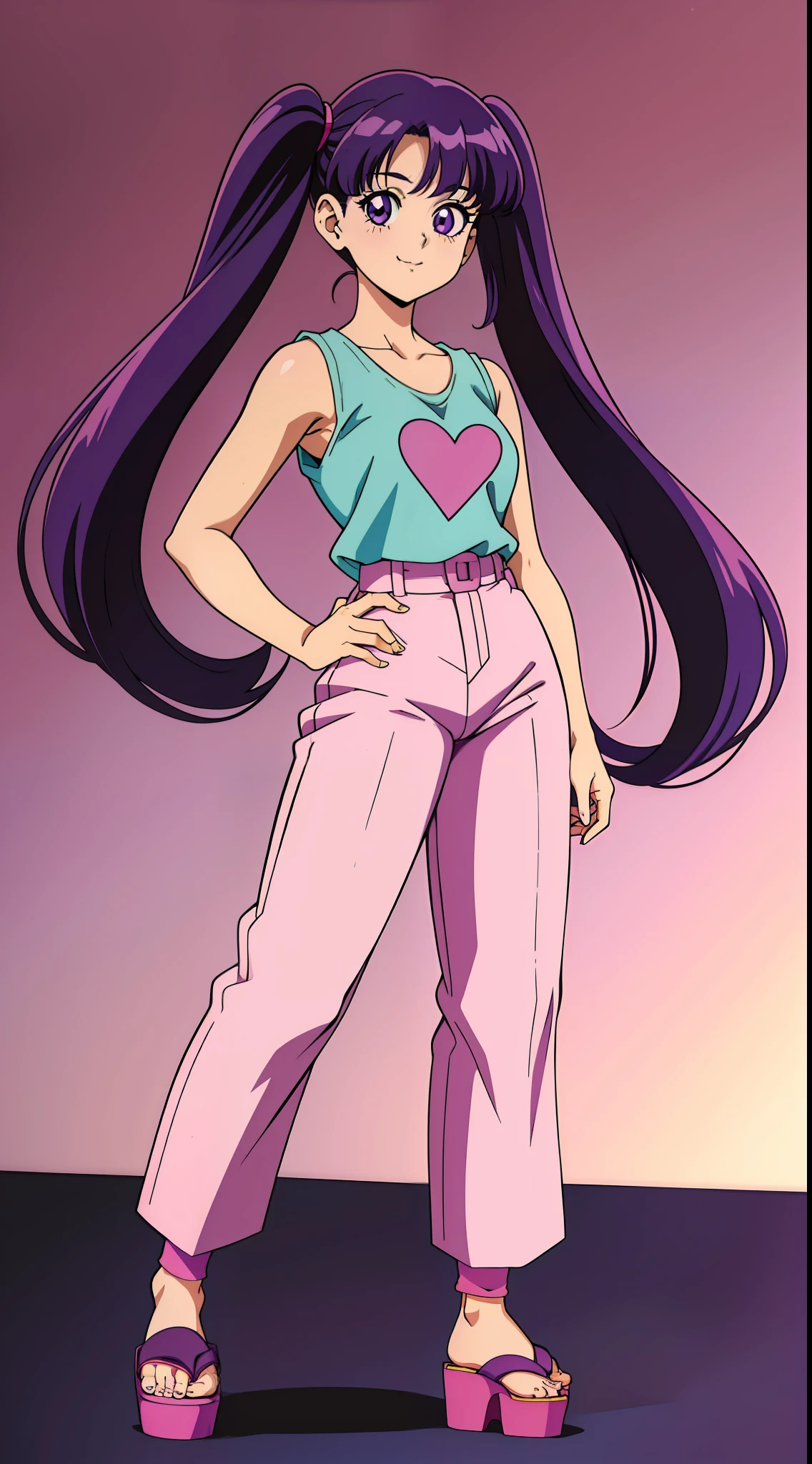 (1girl 1:1) anime girl, (purple hair) with long straight hair with very high pigtails, straight bangs, wearing a heart cut shaped top, ((90s anime style)), 1990s art style, big cute eyes, standing pose looking straight at the viewer, smiling cutely, full body wearing pink platform sandals and pink long wide leg pants reaching ankles