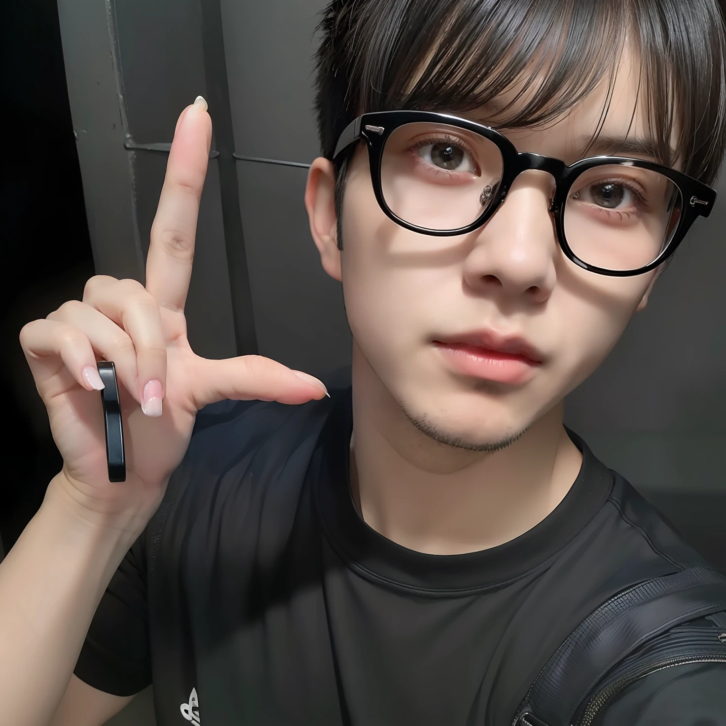 1 boy, handsome face, black t-shirt, black glasses, black hair