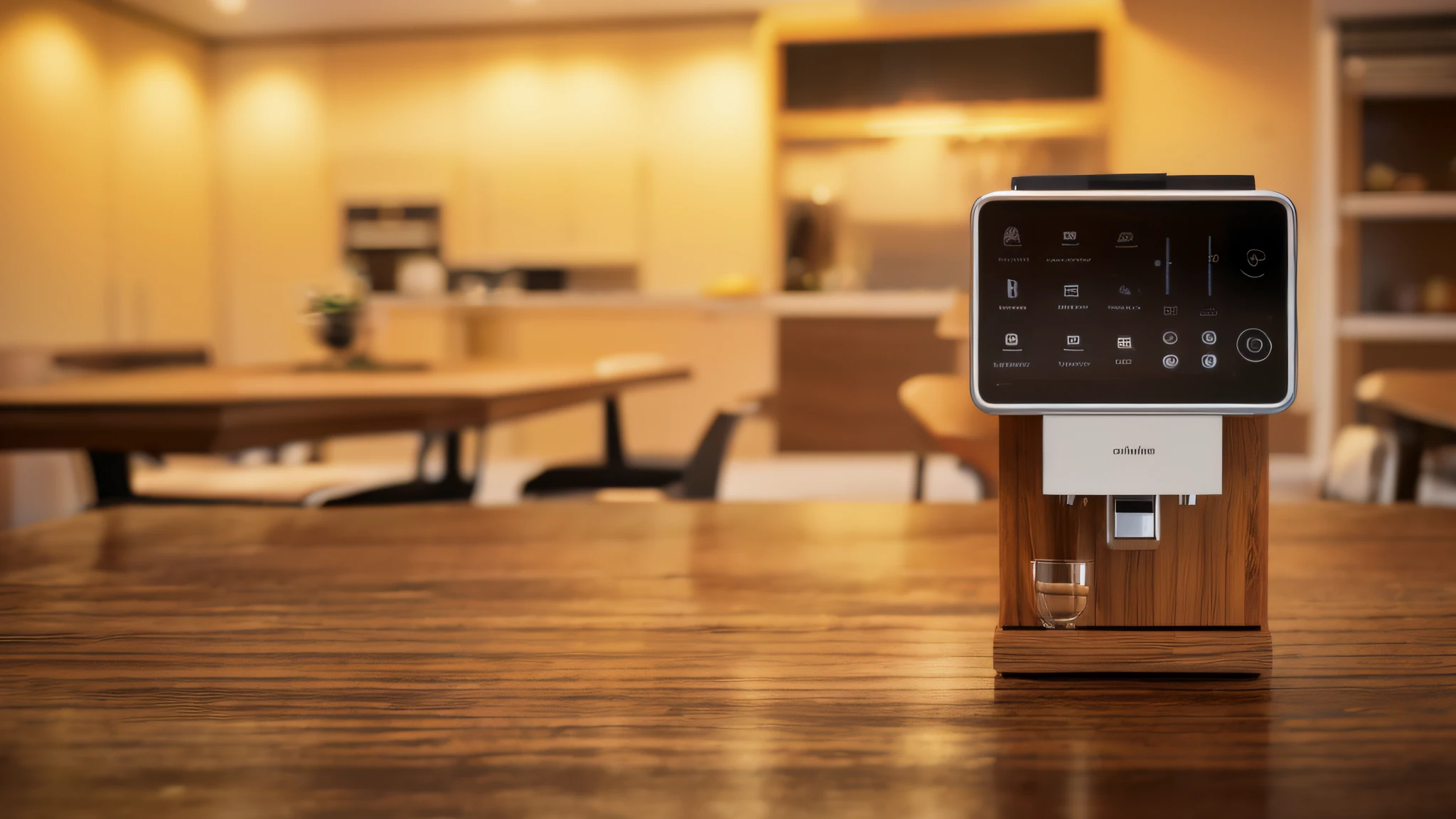 Air fryer placed on the table，There is a table，There were chairs and a bowl of fruit on it，Rectangular wooden table，tuba，wooden tables，dining table，dining table，Wooden table，High quality，wooden tables，elegant and refined，elegant furniture，line sleek，desks，white kitchen table，Chiaroscuro, hyper HD, 8K, Best picture quality ,realisticlying，Foto realism，cupboard，Lens perspective blur，Bright lights，Realistic lighting