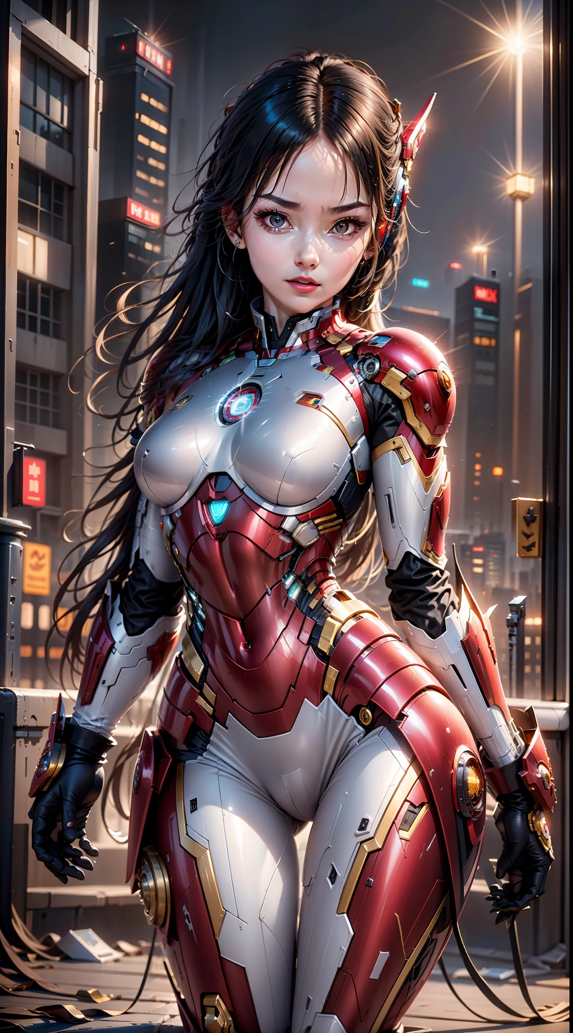 8k, realistic, attractive, highly detailed, a 20 year old girl a sexy and attractive woman inspired by Iron Man wearing a shiny Iron Man mech. She dresses with sensuality and confidence, perfectly interpreting Iron Man's strength and charisma. The abandoned warehouse serves as a backdrop, creating a unique atmosphere that highlights her bravery and perseverance. The tall buildings and buildings on the street exude the unique charm of cyberpunk, and the neon light outlines the outline of the city, which sets off the powerful strength and personality charm of Iron Man. This high-definition, high-quality picture will bring you stunning visual enjoyment, a perfect combination of sexy, futuristic and sci-fi elements. oc rendering, dramatic lighting, award winning quality