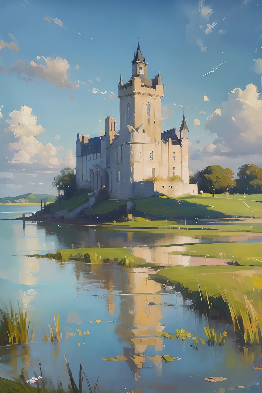 (masterpiece, realistic:1.3),
 estuary, sky, reeds, landscape, oil painting, detailed, 4k texture, castle