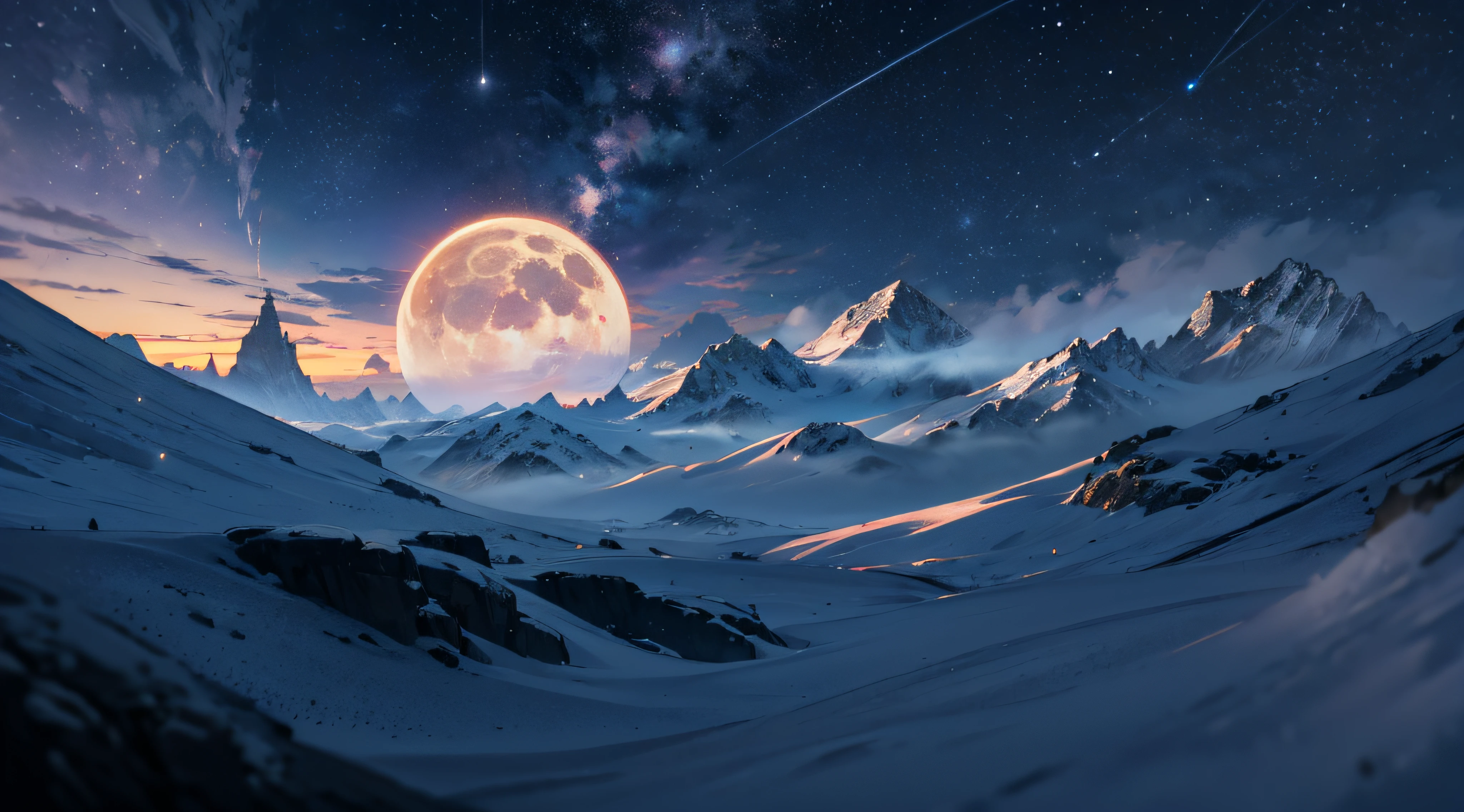 Expansive landscape photograph，（moon full：1.2），（meteors：0.9），（Starcloud：1.3），（Warm light source：1.2），（glowworm：1.2），lamp lights，Lots of purple and orange，Complicated details，Volumetriclighting，Realism BREAK（tmasterpiece：1.2），（best qualtiy），8K，Ultra-detailed，（dynamic compositions：1.4），The is very detailed，Colorful details，（Irridescent color：1.2），（luminouslighting，Atmospheric lighting），dream magical，magical，（独奏：1.2），（（best qualtiy））， （（tmasterpiece））， （the detail：1.4），depth of fields，maximum definition and sharpness，perfectly proportions，Fluttering clouds，Wallpapers
