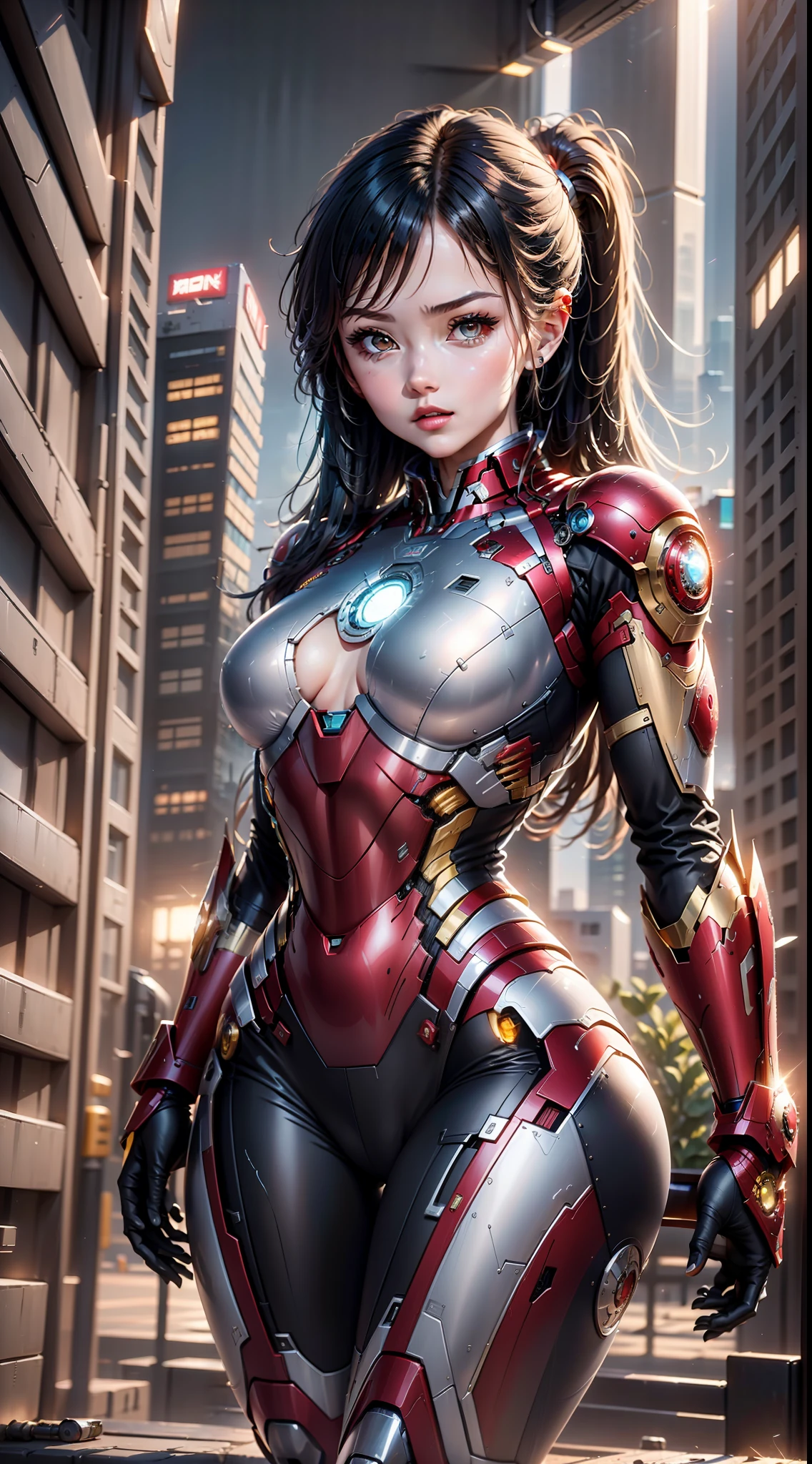 8k, realistic, attractive, highly detailed, a 20 year old girl a sexy and attractive woman inspired by Iron Man wearing a shiny Iron Man mech. She dresses with sensuality and confidence, perfectly interpreting Iron Man's strength and charisma. The abandoned warehouse serves as a backdrop, creating a unique atmosphere that highlights her bravery and perseverance. The tall buildings and buildings on the street exude the unique charm of cyberpunk, and the neon light outlines the outline of the city, which sets off the powerful strength and personality charm of Iron Man. This high-definition, high-quality picture will bring you stunning visual enjoyment, a perfect combination of sexy, futuristic and sci-fi elements. oc rendering, dramatic lighting, award winning quality