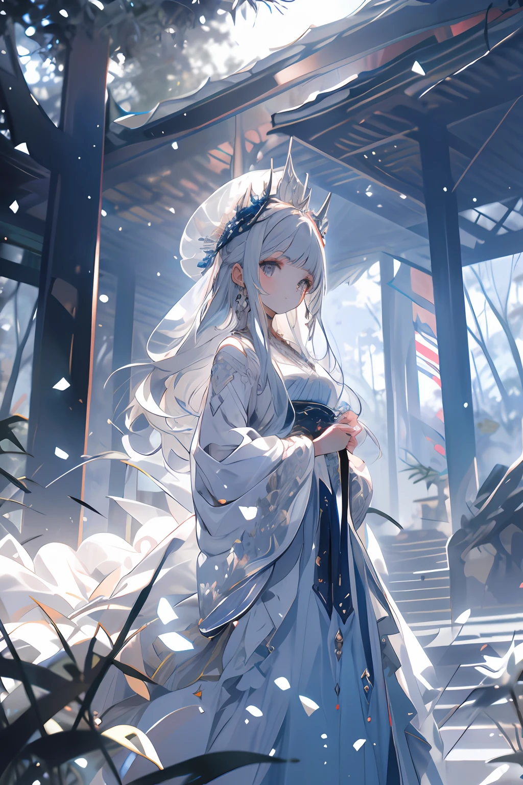 Exquisite facial features,Girl in Western-style white wedding dress,Glazed eyes,Delicate headwear and earrings in silver,cabelos preto e longos,light snowing,tree branch,forest backgrou,adolable