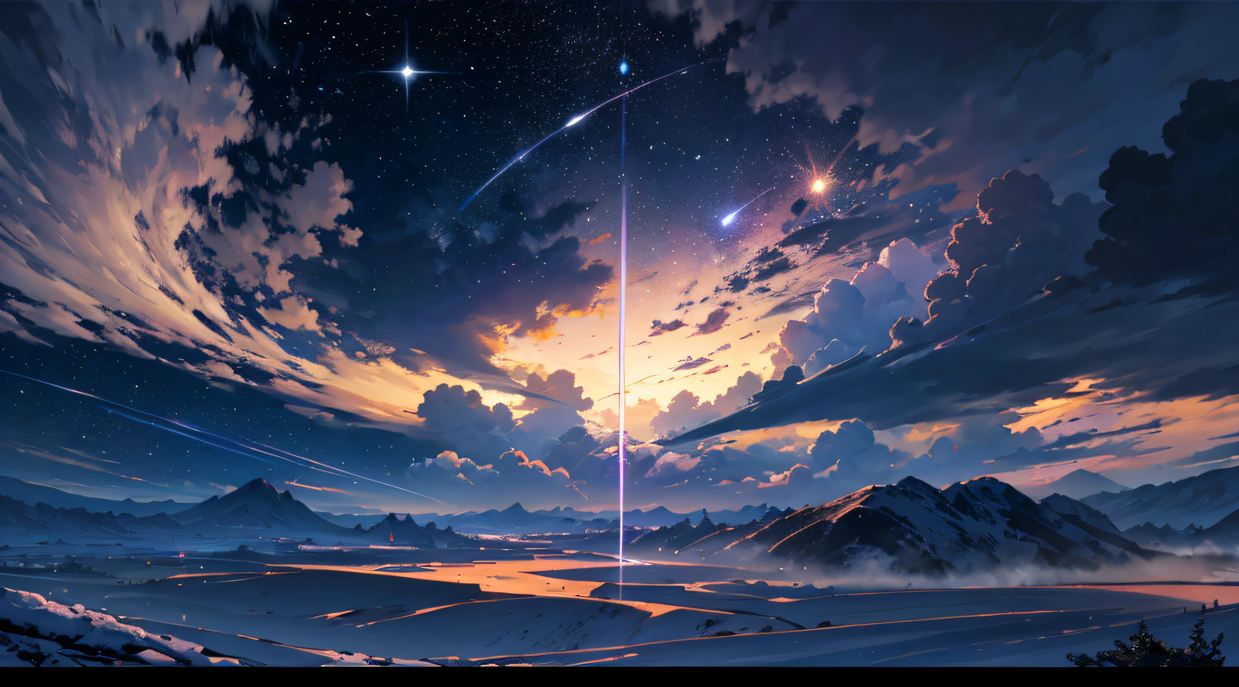 Expansive landscape photograph,(moon full:1.2),(meteors:0.9),(Starcloud:1.3),(Warm light source:1.2),(glowworm:1.2),lamp lights,Lots of purple and orange,Complicated details,Volumetriclighting,Realism BREAK(tmasterpiece:1.2),(best qualtiy),8K,Ultra-detailed,(dynamic compositions:1.4),The is very detailed,Colorful details,(Irridescent color:1.2),(luminouslighting,Atmospheric lighting),dream magical,magical,(独奏:1.2),((best qualtiy)), ((tmasterpiece)), (the detail:1.4),depth of fields,maximum definition and sharpness,perfectly proportions,Fluttering clouds,Wallpapers