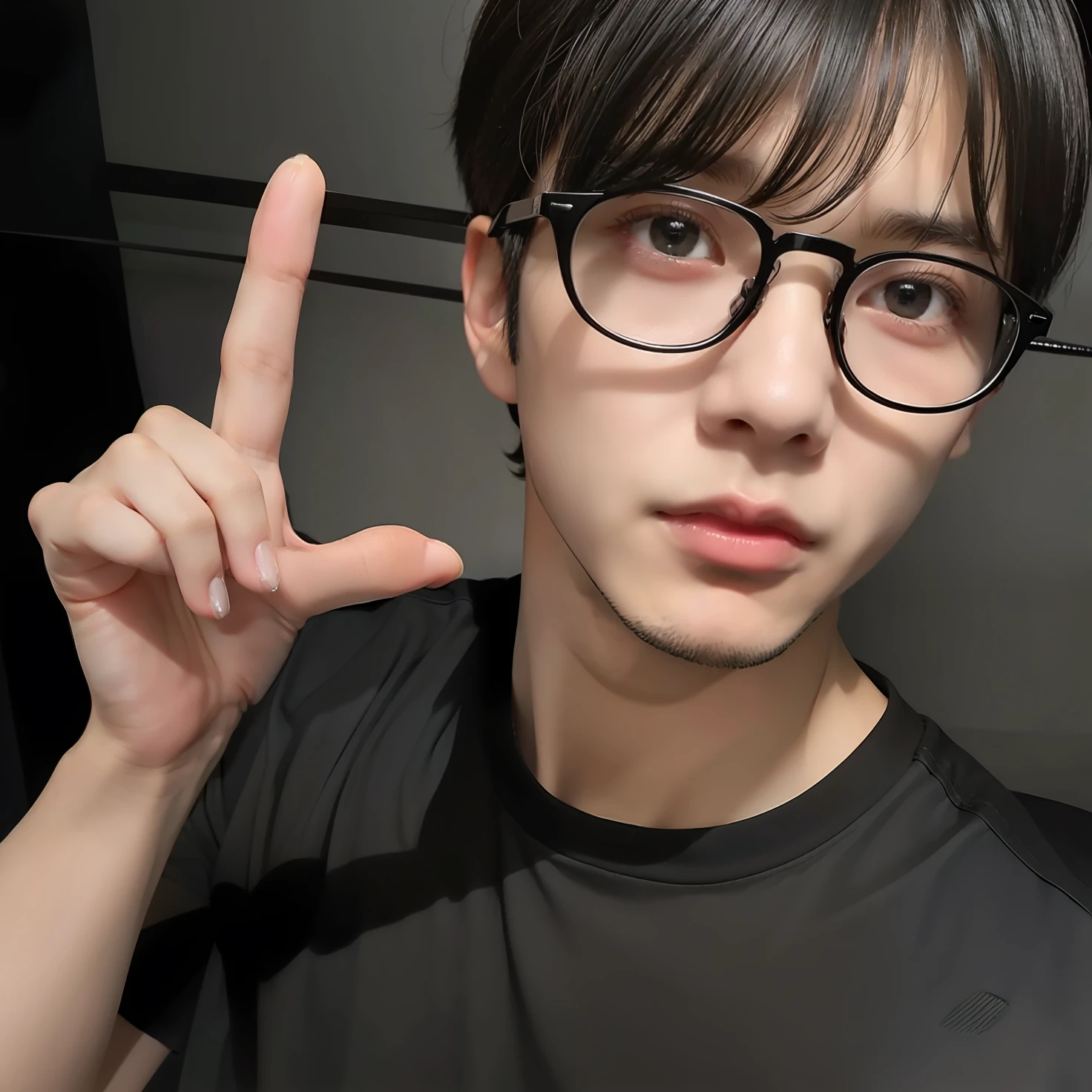 1 boy, handsome face, black t-shirt, black glasses, black hair