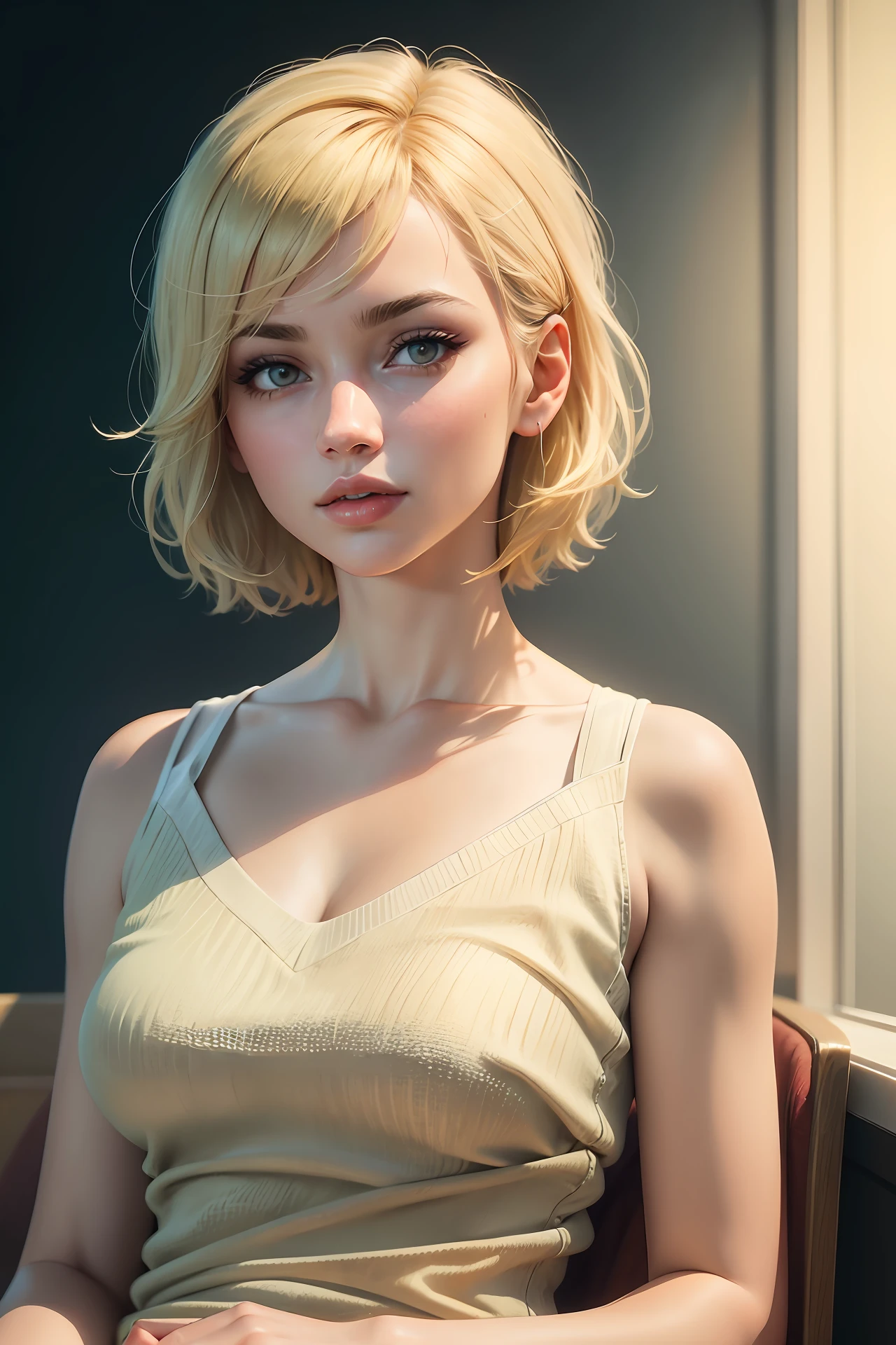 Blonde, Short hair, full body, beautiful retro colors, instagram (realistic, high resolution: 1.4), looking at the viewer, (8k, RAW photo, best quality, masterpiece: 1.2), (realistic, photorealistic photo: 1.37), (sharp focus: 1.2), professional lighting, photon mapping, physically based rendering, looking at the audience, (Simple background: 1.4), Solo, Upper body, Realistic, (Masterpiece: 1.4), (Maximum image quality: 1.4), (Brightened), Makeup, Shyness, sitting,