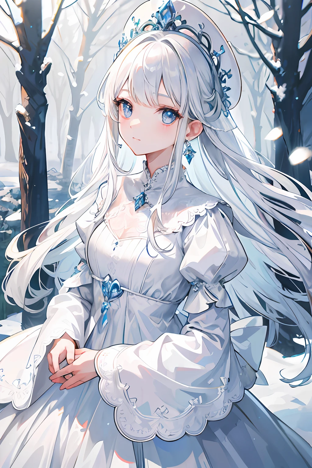 Exquisite facial features，Girl in Western-style white wedding dress，Glazed eyes，Delicate headwear and earrings in silver，cabelos preto e longos，light snowing，tree branch，forest backgrou，adolable