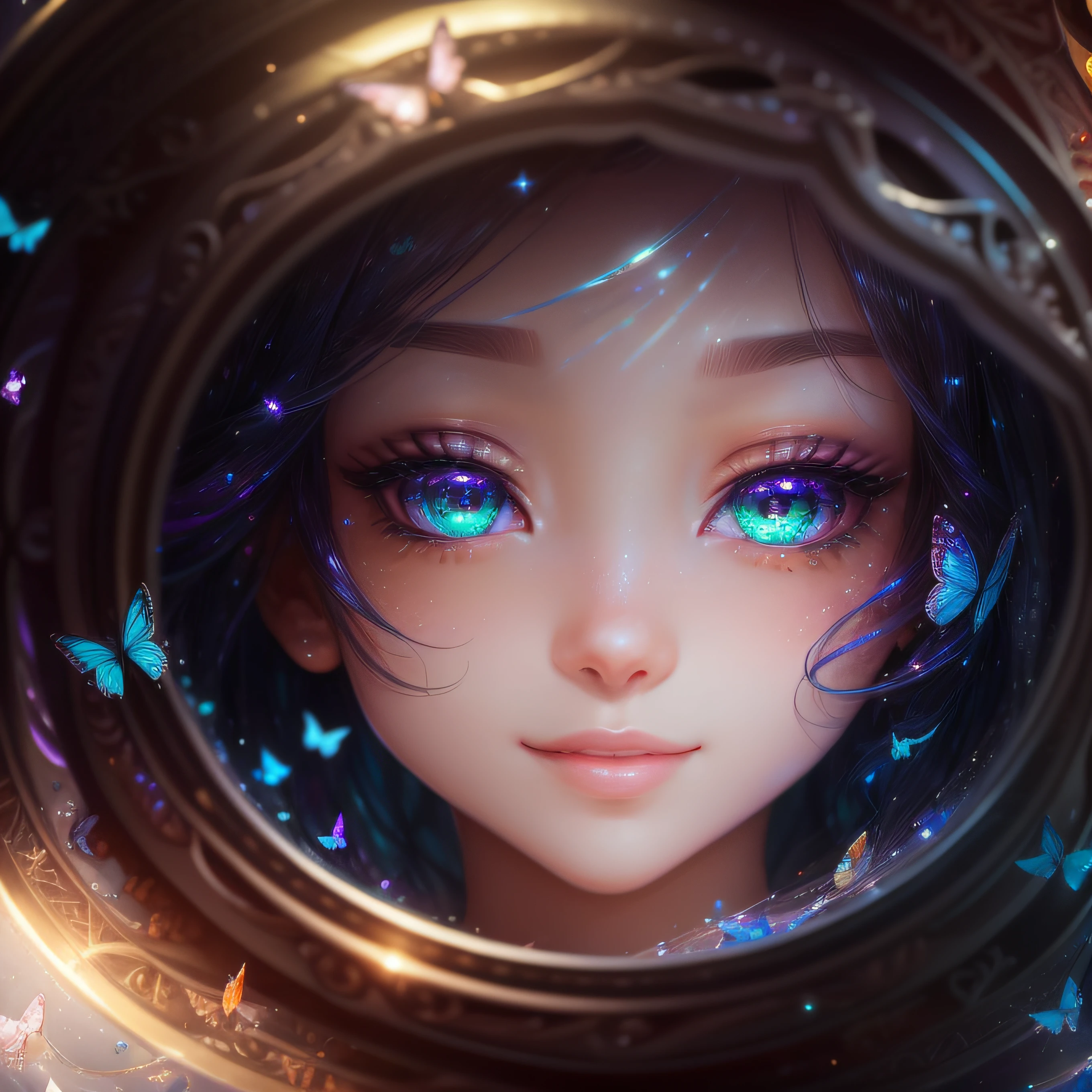(eyes with a clear large round outline,,、Sapphire green eyes,、Glowing eyes、Eye Gloss)(Slightly raise the corners of your mouth and smile、Open lips、teeth are slightly visible、lipgloss)、Close up of a surprised smile、dreamlikeart、Highly detailed airbrush art、intricate detailes、Volumetric lighting、masterpiece、top-quality、The ultra-detailliert、The composition of the movement、Highly detailed colorful details、Irridescent color、Bright lighting、dream-like、Magical、dynamic compositions、The mirror reflects light、Shallow depth of field、ultra-detailliert、mixing exposure、Super masterpiece、vivd colour、colourfull、One woman's face、Cute cat in clothes、Anthropomorphic representation、Rich colors、exquisitedetails、(butterflys,Exquisite butterflies,Ultra CG), (High resolution:1.5)、、Colorful, Transparent gems on the beach、Orange in the sky、pink there、Absolutely enchanting sunset on the beach mixed with yellow、The water is crystal clear and splashing、White sand beach stretches out as far as the eye can see、Dynamic and breathtaking scenes、