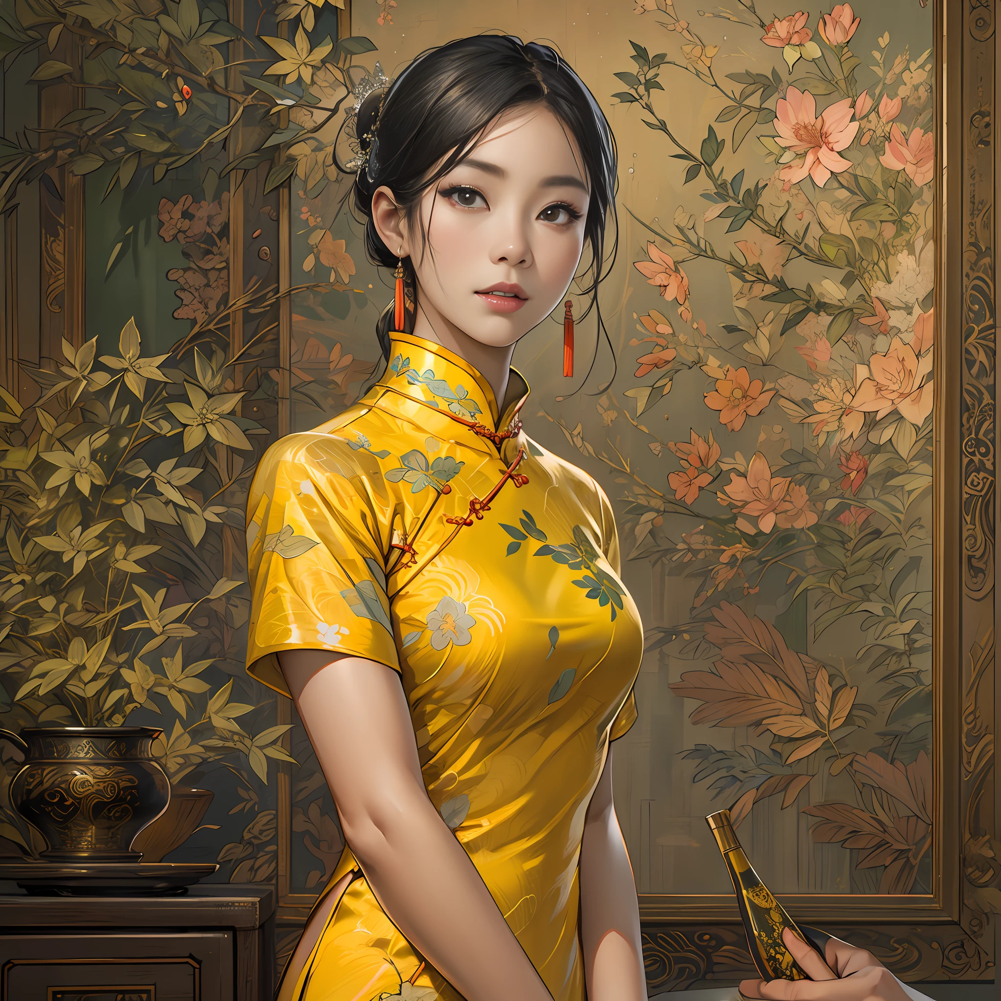 Young Asian woman in yellow cheongsam，A look of anticipation on his face、wistful expression ,in the style of the stars art group xing xing, 32K, Best quality, Masterpiece, Super detail, High details,