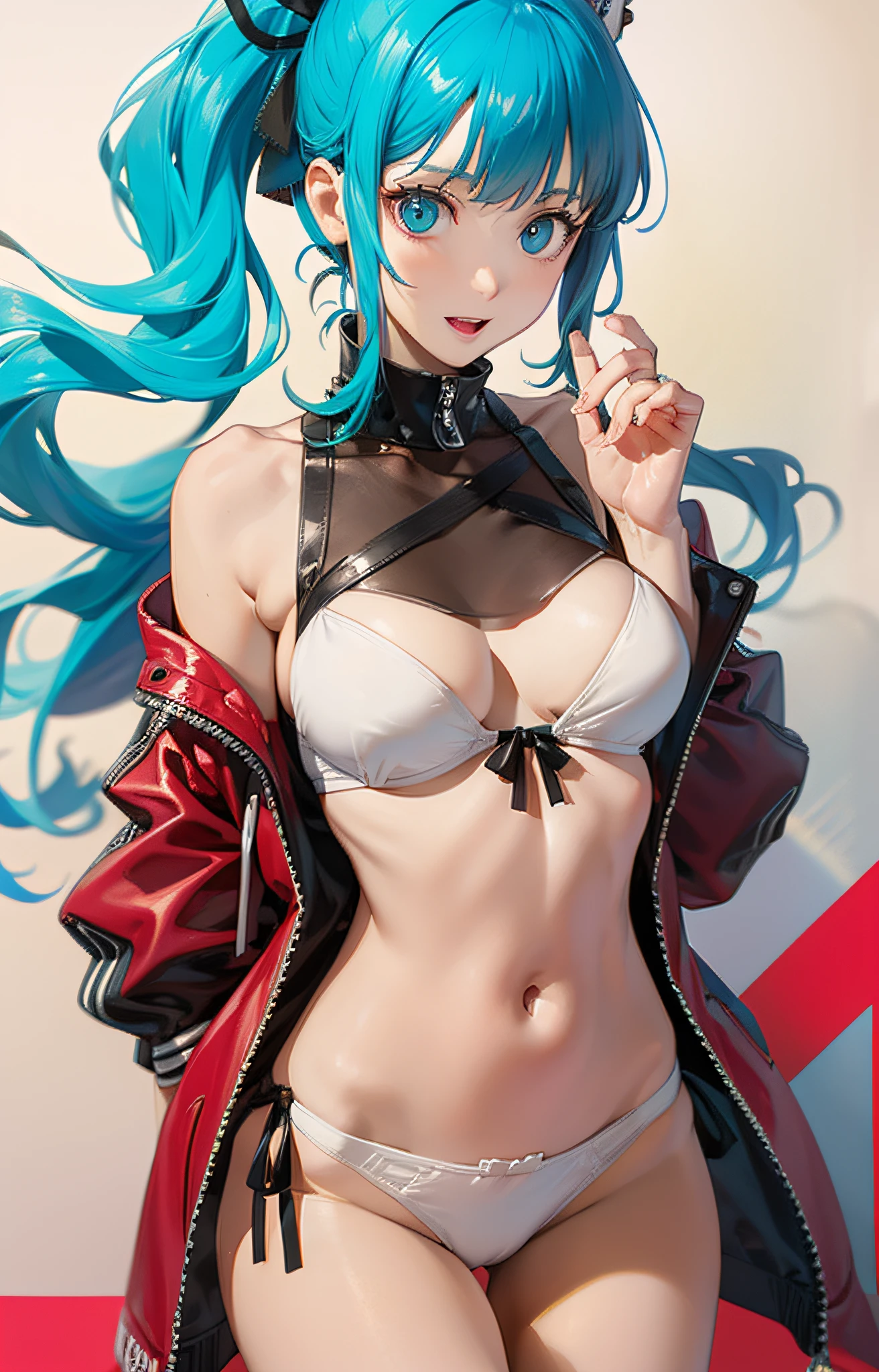 persona 5 art style、Persona 5 Style、Kasumi Yoshizawa、Yoko Asagiri、Full body like、high-level image quality、poneyTail、small tits 、Bangs ponytail、、Smooth thighs、Patsun、top-quality、The ultra -The high-definition、Fine eyes、Slender legs、Fine and beautiful eyes、a white bikini、stick out buttocks、blue hairs、