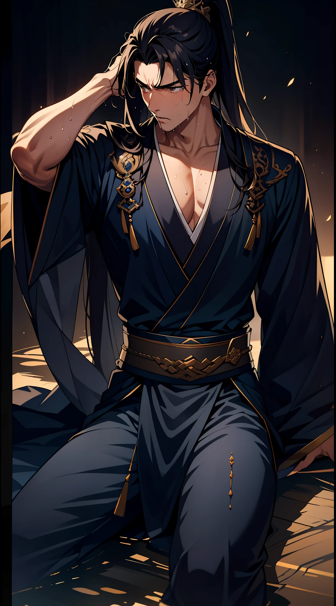 quadratic element，style of anime，mtu（Male Warrior），musculature，The proportions are correct，Face details，swordsmen，High ponytail hairstyle，perspired，Sweat on the face，drools，Neck details，There is an Adam's apple，Get wet，Drenched，Black Hanfu，kaftan，Embroidered robes，Black robe，clothes details，Handing over，longer sleeves，Game quality，Swordsmanship，Light and shadow tracking，Ray traching，detailed glow，cg render，hair detail，cabelos preto e longos，Golden eyes，Sweat on the face，Handsome，Handsome，Beads of sweat slipped down my neck，（juvenile sense），Clothing is complicated，Drenched，Get wet，Perfectcomposition，Refinement，high qulity，higher details，Lots of details，The background is complex，a sense of atmosphere，