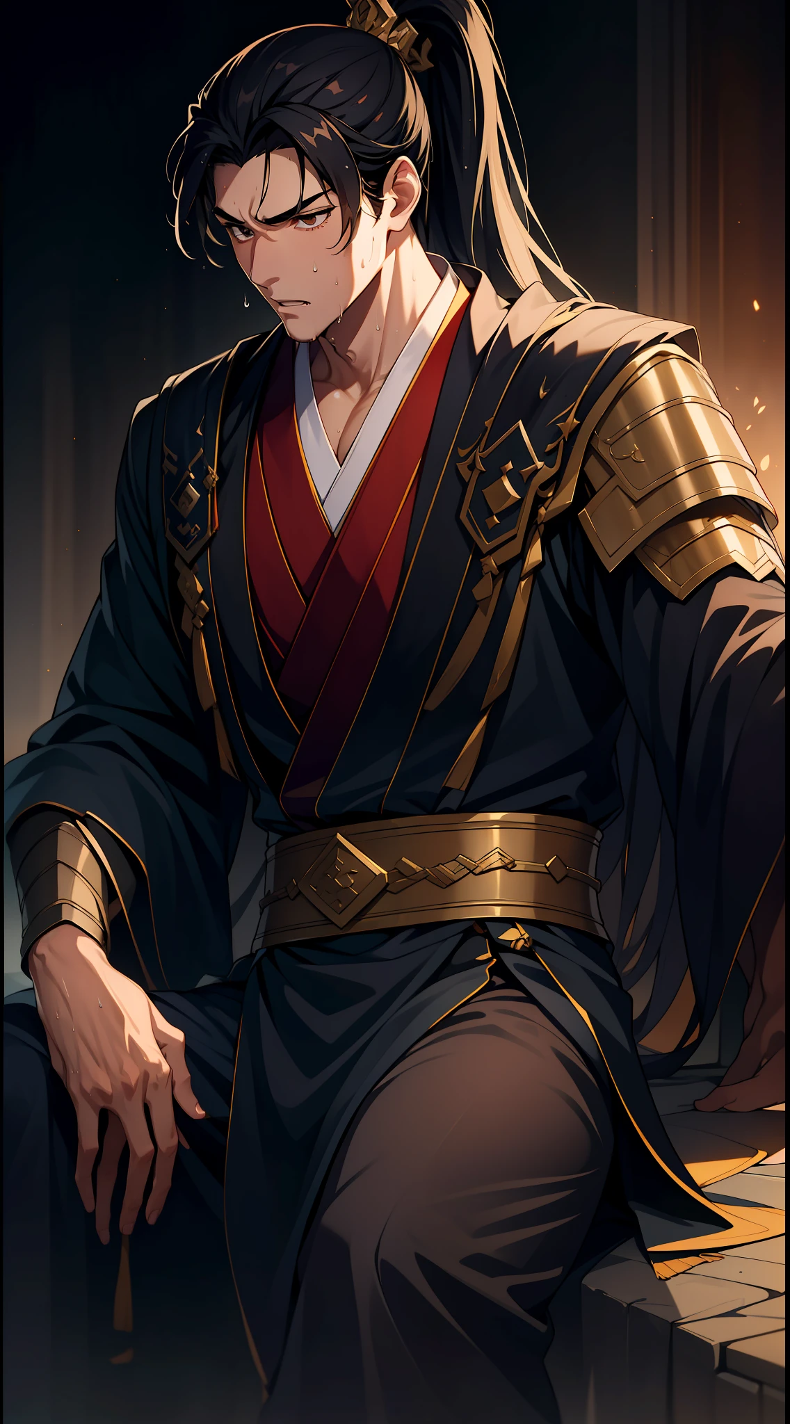 quadratic element，style of anime，mtu（Male Warrior），musculature，The proportions are correct，Face details，swordsmen，High ponytail hairstyle，perspired，Sweat on the face，drools，Neck details，There is an Adam's apple，Get wet，Drenched，Black Hanfu，kaftan，Embroidered robes，Black robe，clothes details，Handing over，longer sleeves，Game quality，Swordsmanship，Light and shadow tracking，Ray traching，detailed glow，cg render，hair detail，cabelos preto e longos，Golden eyes，Sweat on the face，Handsome，Handsome，Beads of sweat slipped down my neck，（juvenile sense），Clothing is complicated，Drenched，Get wet，Perfectcomposition，Refinement，high qulity，higher details，Lots of details，The background is complex，a sense of atmosphere，