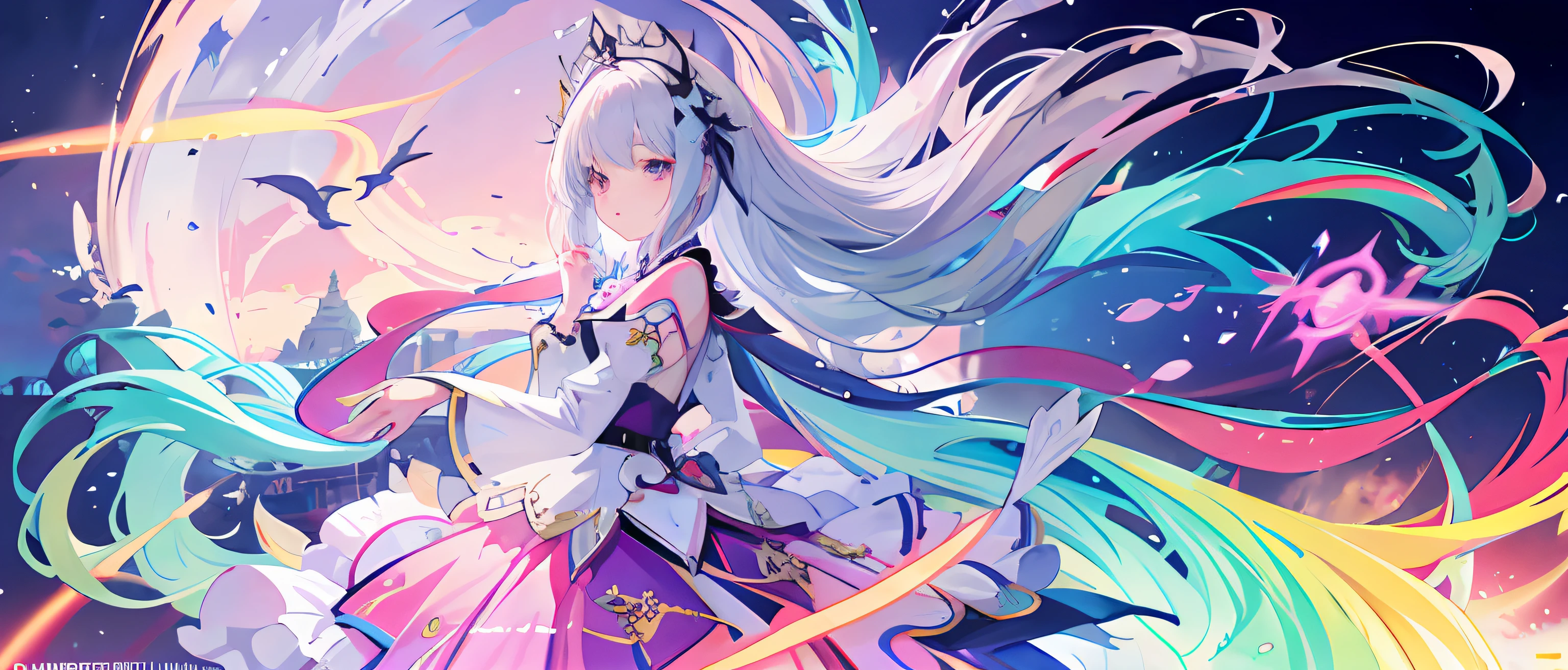 One with long hair，Girl in rainbow dress standing in front of a bright light, ethereal anime, nightcore, Beautiful celestial mage, Detailed key anime art, Anime art wallpaper 4k, Anime art wallpaper 4 K, Portrait Chevaliers du Zodiaque Fille, Anime art wallpaper 8 K, white-haired god, Digital art on Pixiv, anime wallaper, Anime fantasy artwork