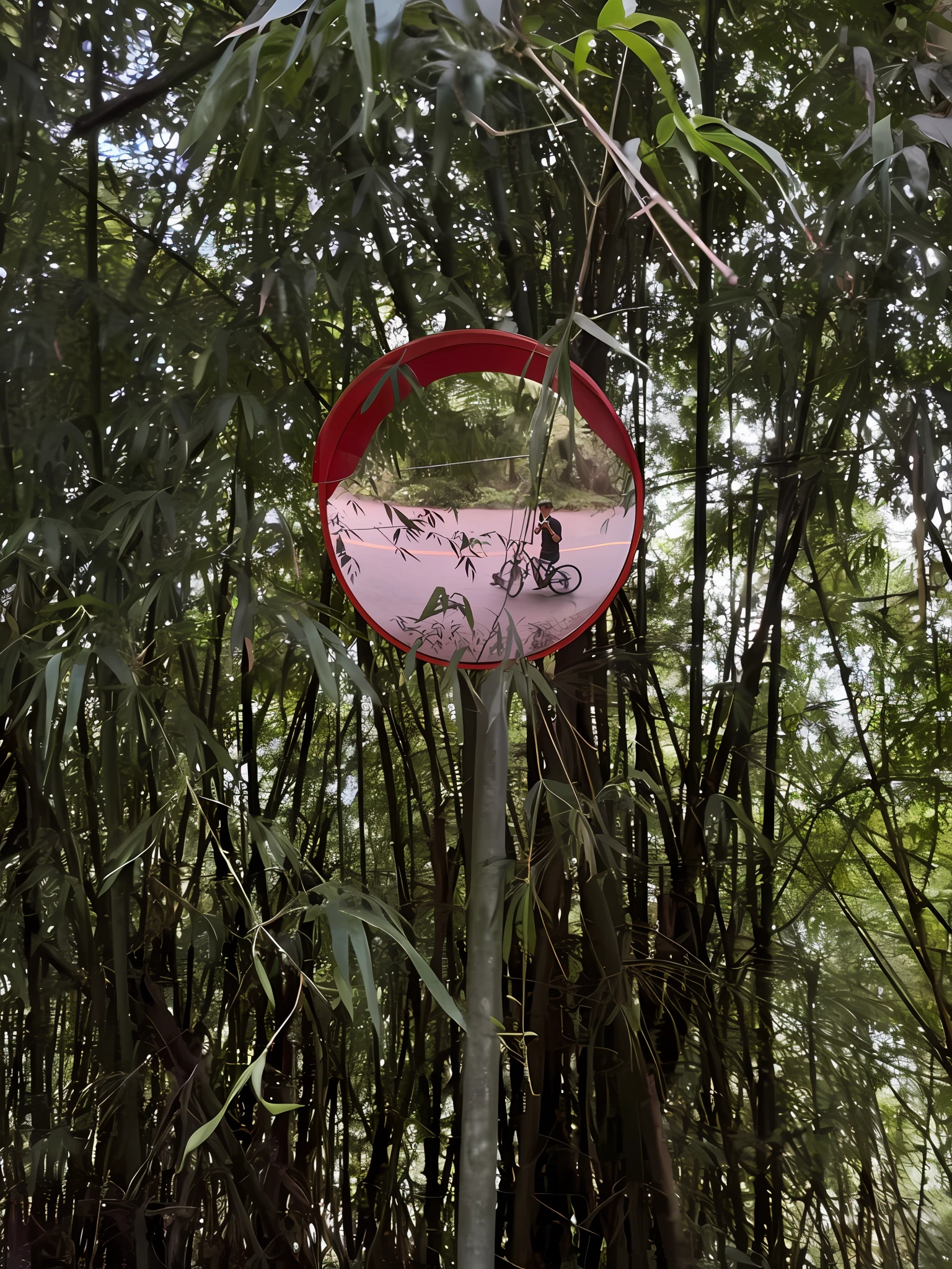 There is a red sign in the middle of the forest, Red reflective lenses, unusual composition, ant view, author:Jan Rustham, Red frame light, bird's eyes view, Great masterpiece, mingchen shen, author:Robert Feck, in bamboo forest, A long shot, reflection of phone in visor, visto ao longe, author:Roman Brooke, shot from afar