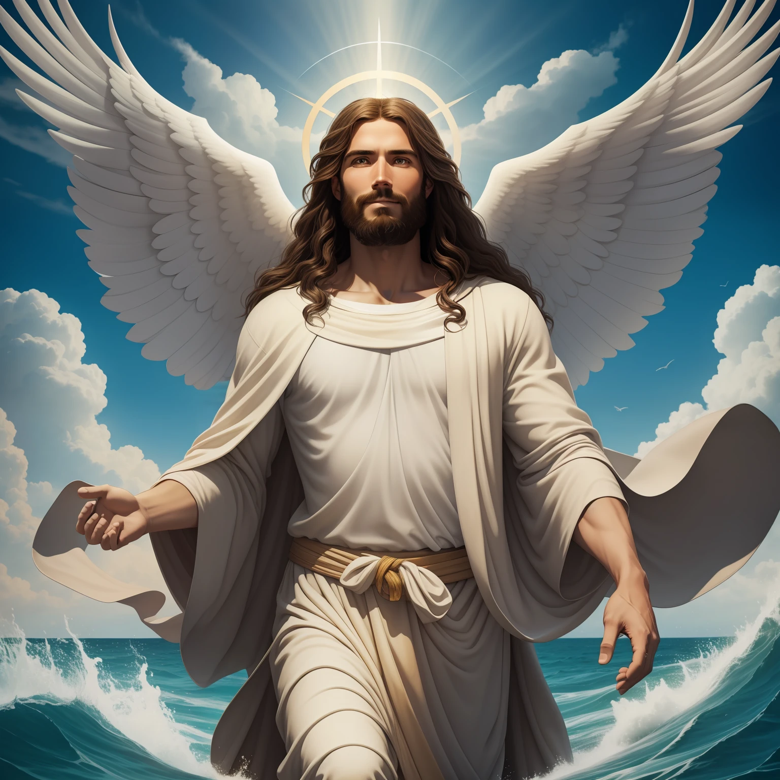 Real Jesus flying on sky with a flying cloud in the background, Jesus walking on water, biblical illustration, epic biblical representation, forcing him to flee, coming out of the ocean, ! holding in hand!, disembarking, god of the ocean, beautiful representation, 8k 3D Model, realistic, cross
a 3D Realistic of jesus with a halo in the sky, jesus christ, smiling in heaven, portrait of jesus christ, jesus face, 35 young almighty god, portrait of a heavenly god, greg olsen, gigachad jesus, jesus of nazareth, jesus, the face of god, god looking at me, he is greeting you warmly, he is happy, avatar image