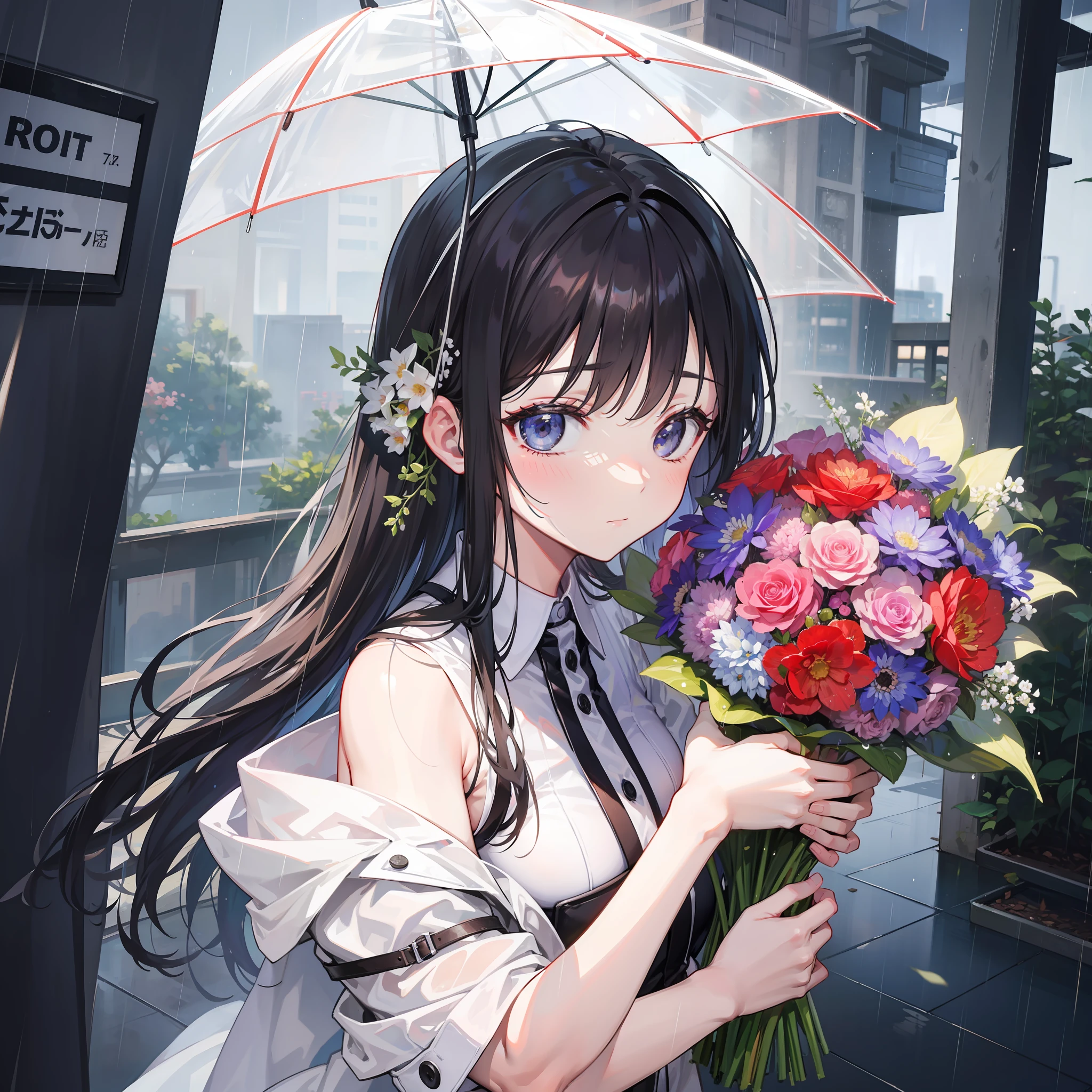 A bouquet of flowers in the never-stop rain