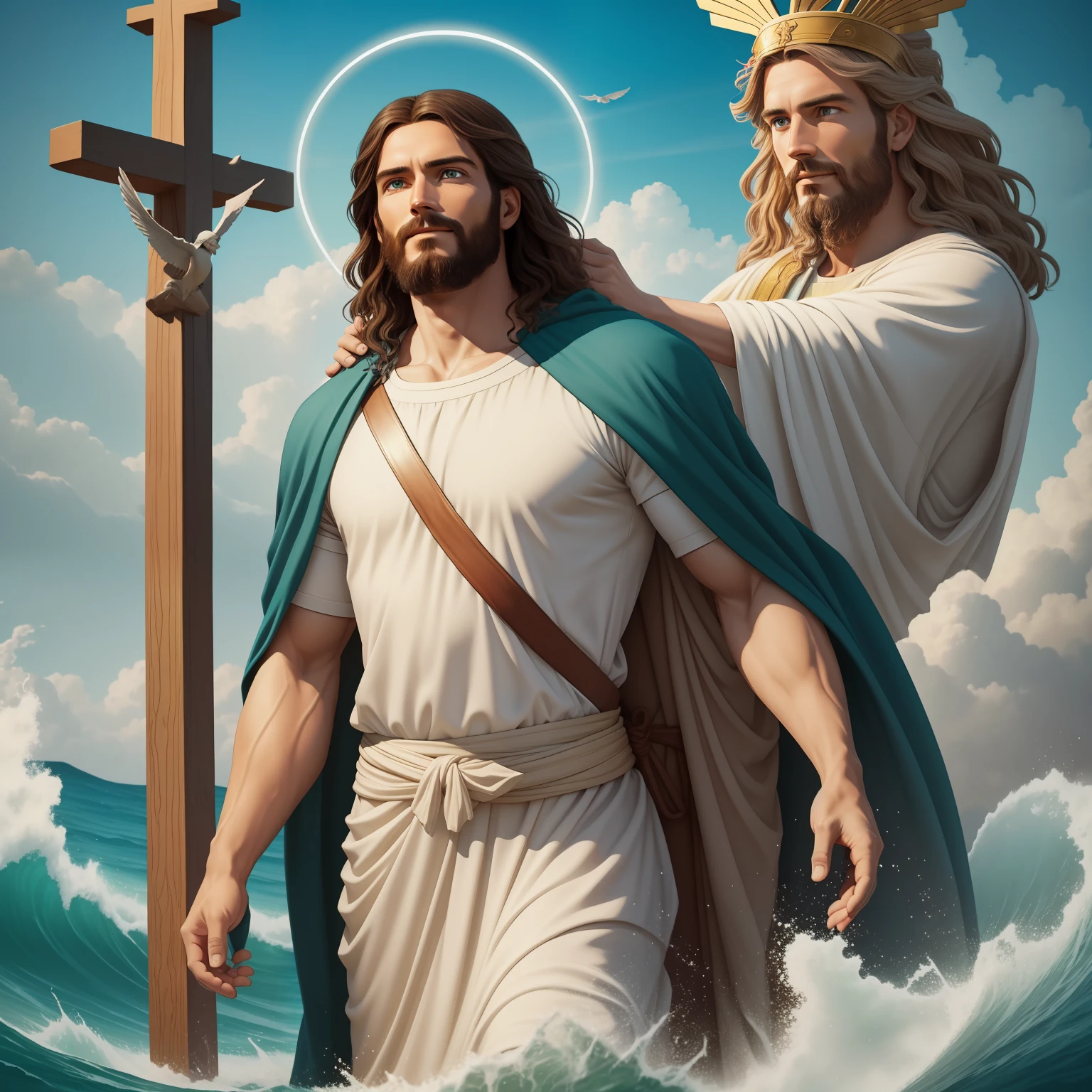 Real Jesus flying on sky with a flying cloud in the background, Jesus walking on water, biblical illustration, epic biblical representation, forcing him to flee, coming out of the ocean, ! holding in hand!, disembarking, god of the ocean, beautiful representation, 8k 3D Model, realistic, cross
a 3D Realistic of jesus with a halo in the sky, jesus christ, smiling in heaven, portrait of jesus christ, jesus face, 35 young almighty god, portrait of a heavenly god, greg olsen, gigachad jesus, jesus of nazareth, jesus, the face of god, god looking at me, he is greeting you warmly, he is happy, avatar image