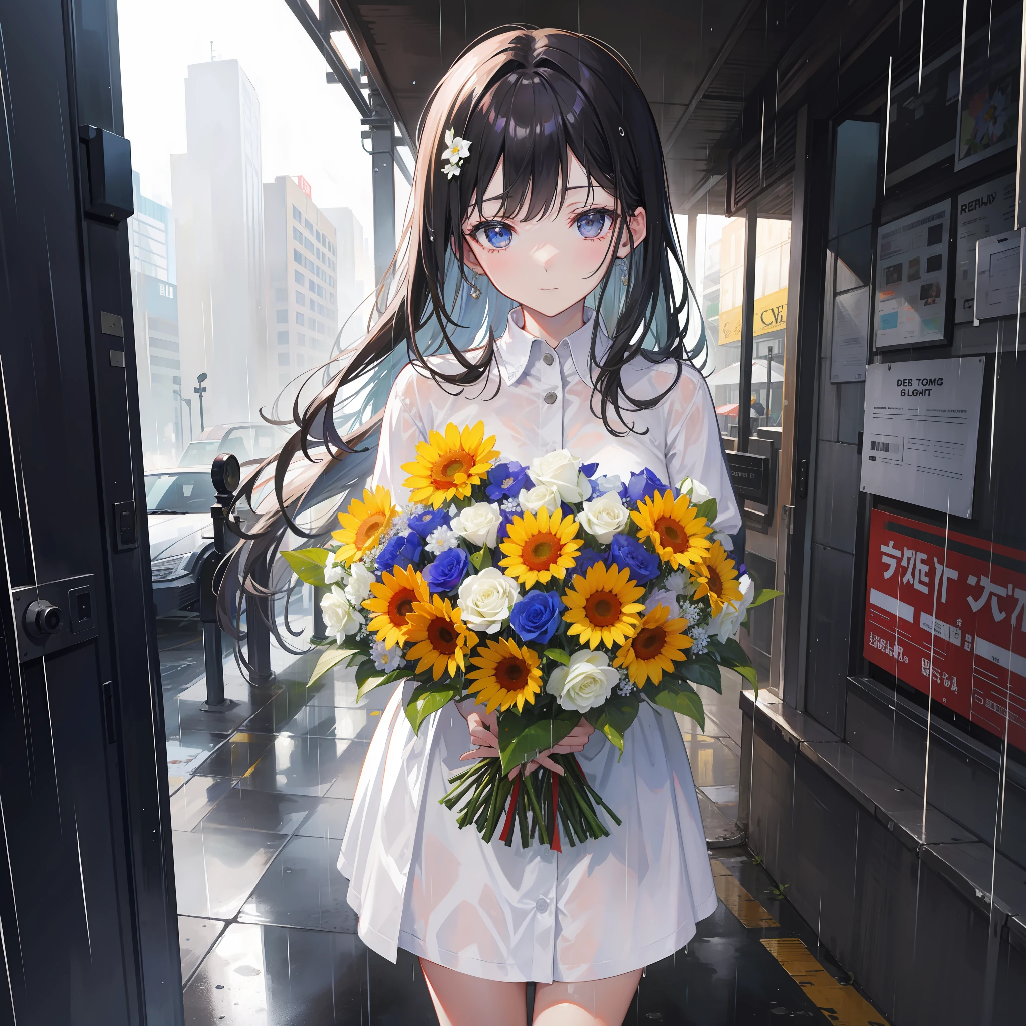A bouquet of flowers in the never-stop rain