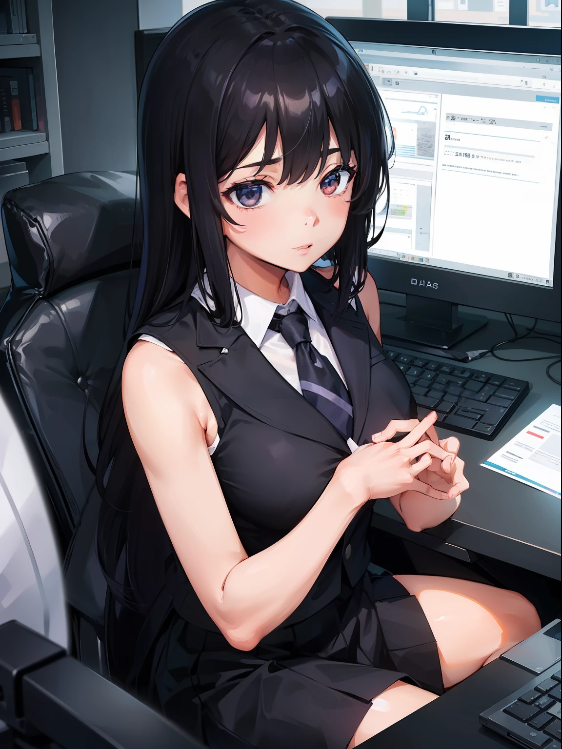 woman in office doing work in front of computer wearing uniform with black hair and tie with sleeveless skirt white dress and black skirt watch with hands typing on keyboard