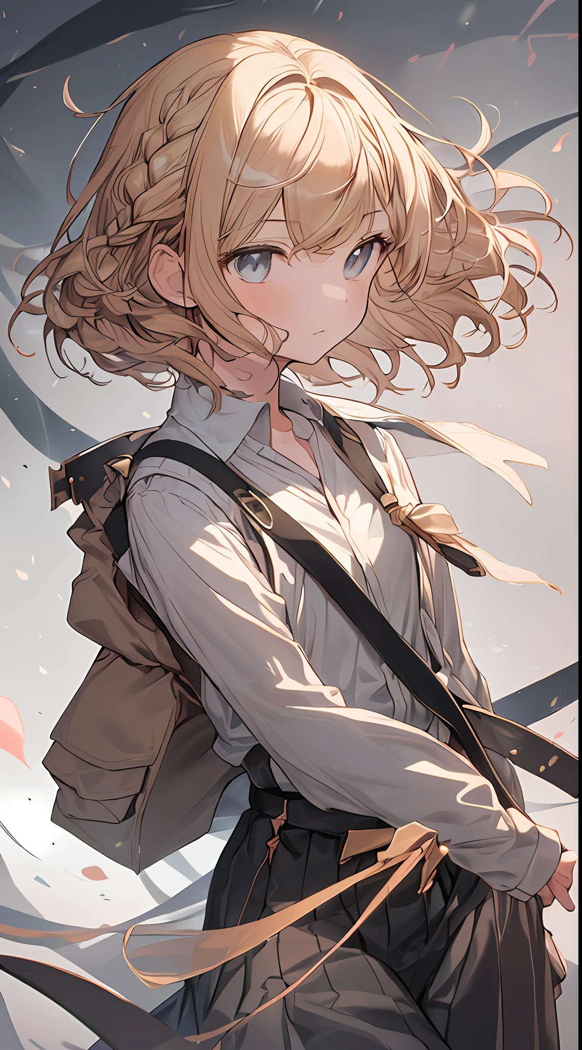 high high quality,tmasterpiece,Delicate facial features,Delicate hair,Delicate eyes,teens girl,schoolgirls,Short khaki hair,With a braid,Curly hair,jumpping,Arms spread wide,fly,shorter pants,short- sleeved,Manteau,vivaciousness,Wearing sleeves,Design clothes,8K high quality detailed art(Delicate facial portrayal)(Fine hair portrayal)(highest quality)(Master masterpieces)(High degree of completion)(a sense of atmosphere)8k wallpaper,tmasterpiece,Best quality at best,ultra - detailed