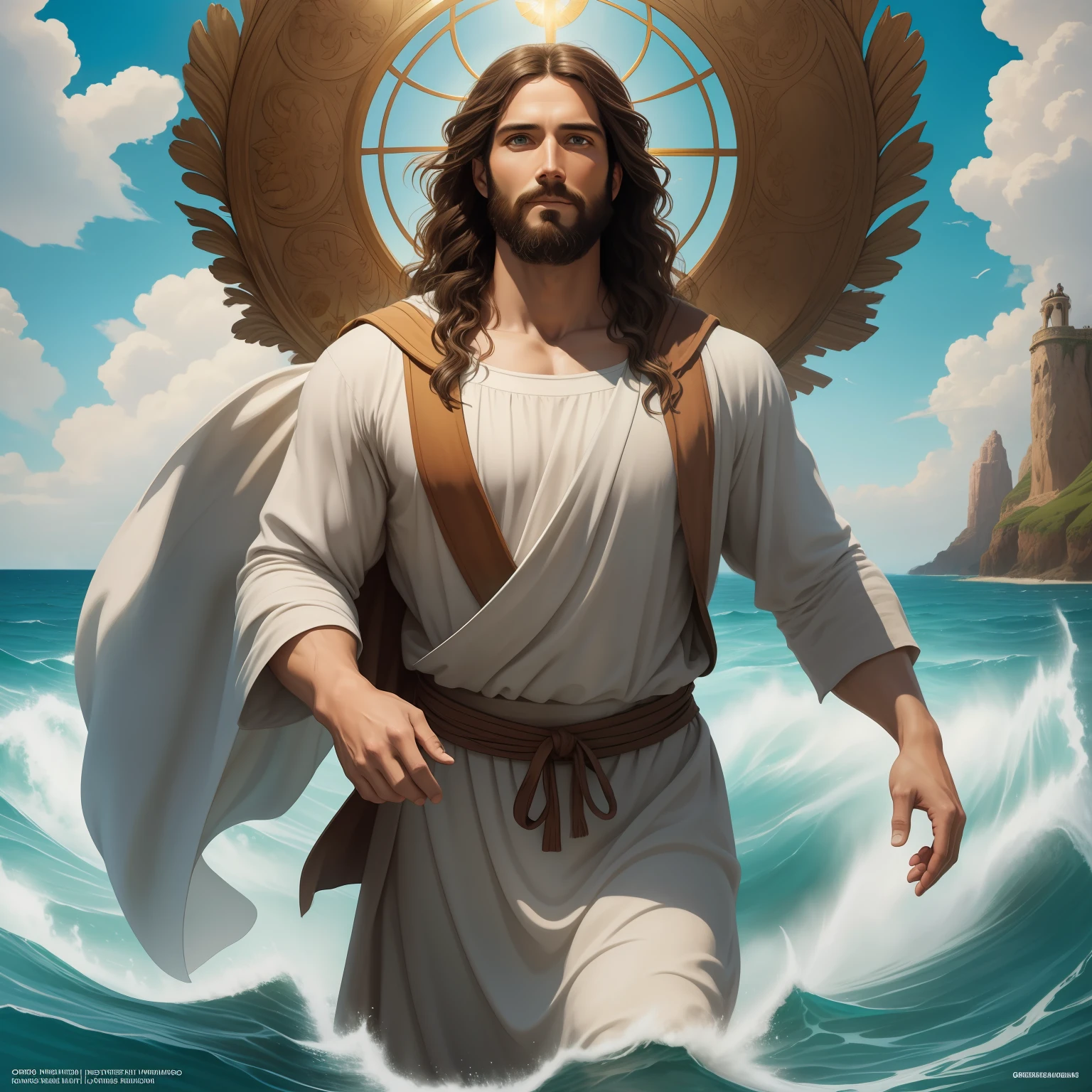 A beautiful ultra-thin realistic portrait of Jesus, the prophet, a man 35 years old Hebrew brunette, short brown hair, long brown beard, with, Helping People , wearing long linen tunic closed on the chest part, in front view, full body, biblical, realistic,by Diego Velázquez,Peter Paul Rubens,Rembrandt,Alex Ross,8k, Concept Art, PhotoRealistic, Realistic, Illustration, Oil Painting, Surrealism, HyperRealistic, helping people , Digital art, style, watercolorReal Jesus flying on sky with a flying cloud in the background, Jesus walking on water, biblical illustration, epic biblical representation, forcing him to flee, coming out of the ocean, ! holding in hand!, disembarking, god of the ocean, beautiful representation, 8k 3D Model, realistic,
a 3D Realistic of jesus with a halo in the sky, jesus christ, smiling in heaven, portrait of jesus christ, jesus face, 35 young almighty god, portrait of a heavenly god, greg olsen, gigachad jesus, jesus of nazareth, jesus, the face of god, god looking at me, he is greeting you warmly, he is happy, avatar image