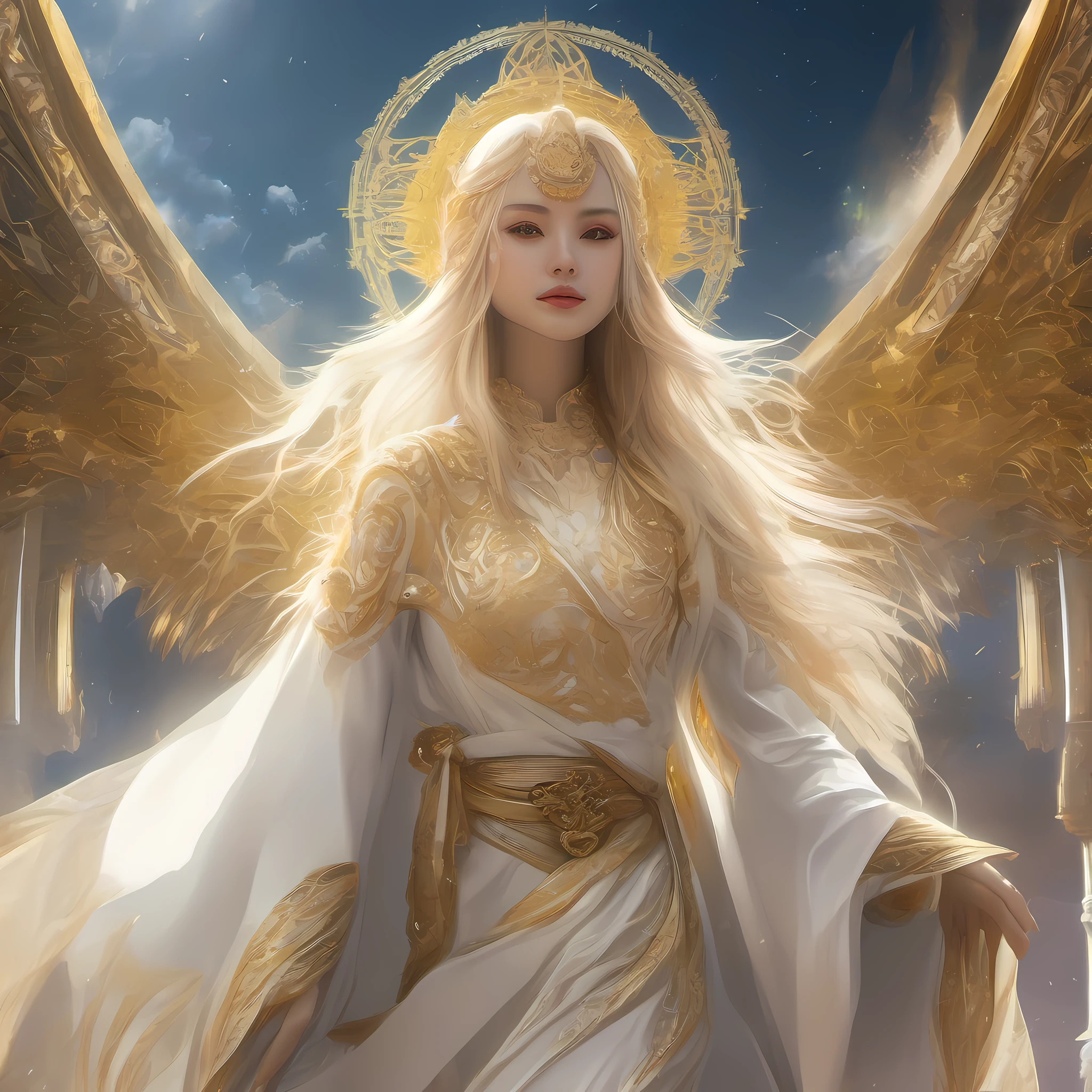 （tmasterpiece，top Quority，offcial art，Beauty and aesthetics：1.2）,1girll, are standing, Gold-patterned robe, White pants,  look at front, The aura of the halo, Gold Wing, had his hands folded, coiffed blonde hair, Black eyes, Closed mouth, (The upper part of the body), sunny clear sky, Skylight, Abandoned temple background, extremely detaile,（s fractal art：1.3）,Extremely colorful，Most detailed。