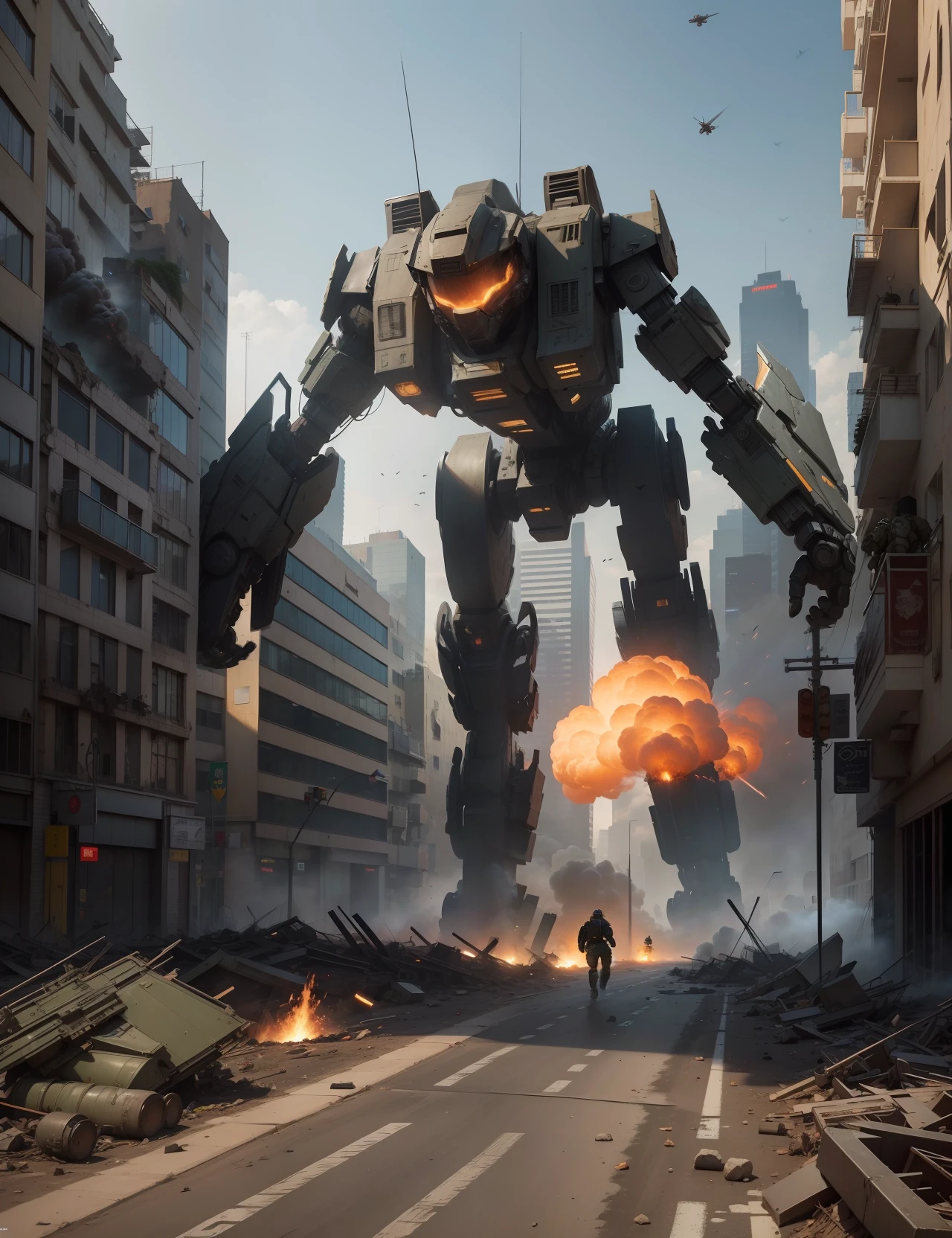 Imagine a city being attacked by giant robots, And your task is to create an image that represents this chaos and the fight between the robots and the army that is trying to protect people. Comece desenhando a cidade, with its buildings and streets, showing them in ruins and damaged due to the attacks. Position the giant robots in attack position, with advanced weapon details and menacing appearance. Em seguida, Portray the Army in Action, showing brave soldiers fighting the robots, using weapons and protective equipment. Certifique-se de capturar a intensidade e o perigo da batalha, as well as the soldiers' determination to protect people. Highlight the destruction and chaos in the city, adding elements such as burning buildings, flying debris and smoke. Use dark colors and shadows to emphasize the climate of danger and tension. Ademais, inclua pessoas aterrorizadas e buscando abrigo, conveying their fear and despair in the face of the attack of the giant robots. No final, Review your work to ensure that the visual narrative clearly conveys the battle between the giant robots and the army, com soldados corajosos lutando para proteger as pessoas em meio ao caos da cidade sendo atacada