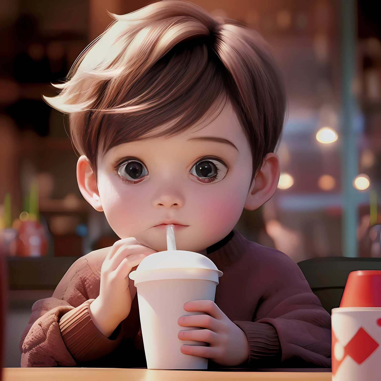 there is a *********** sitting at a table with a drink, adorable digital art, cute beautiful, Realistic cute girl painting, lovely digital painting, Cute and lovely, beautiful lovely, Cute cute, Cute anime girl, cute kawaii girls, Cute cartoon character, Cute detailed digital art, Cute cartoon, young and cute girl, Cute young girl, Young and cute