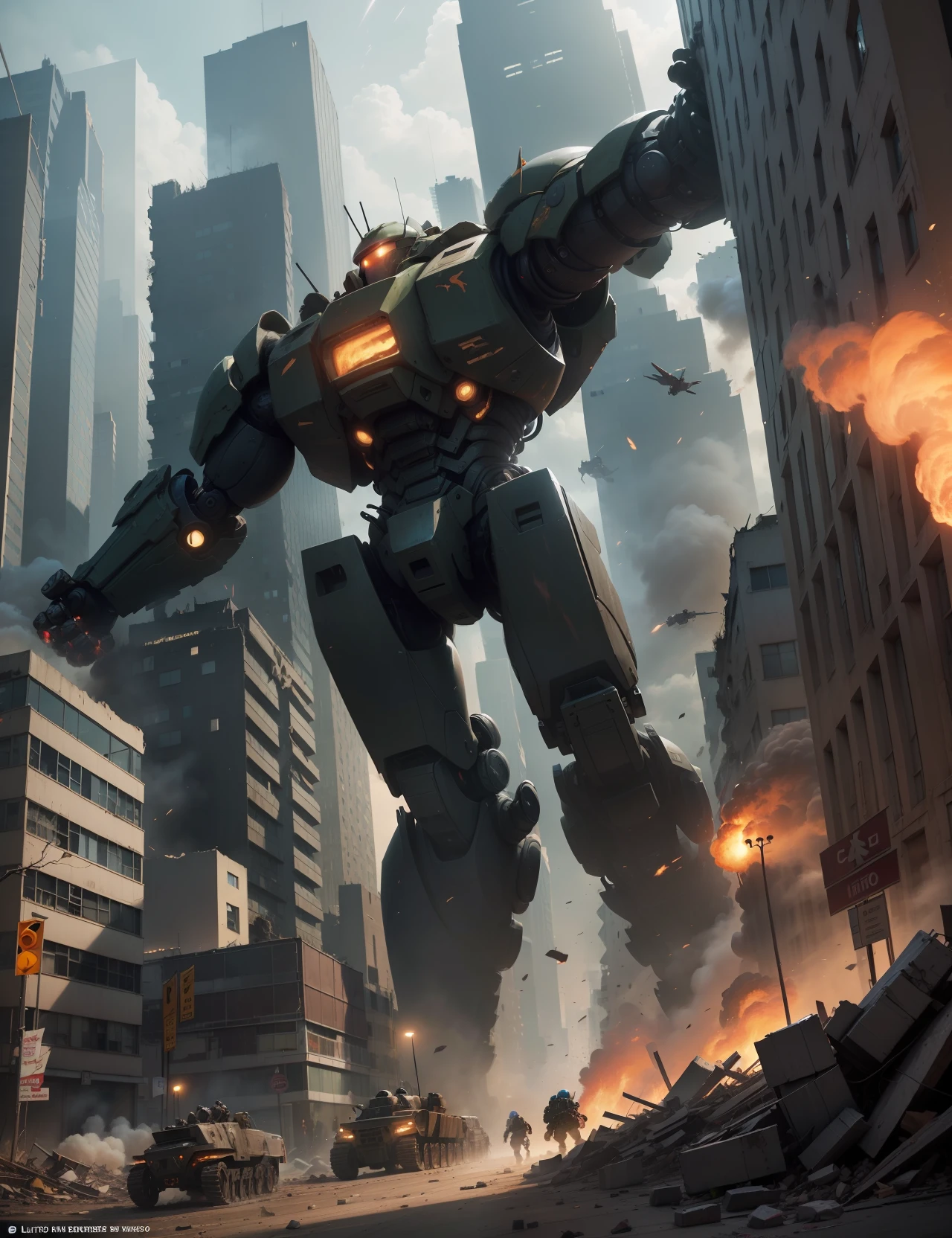 Imagine a city being attacked by giant robots, And your task is to create an image that represents this chaos and the fight between the robots and the army that is trying to protect people. Comece desenhando a cidade, with its buildings and streets, showing them in ruins and damaged due to the attacks. Position the giant robots in attack position, with advanced weapon details and menacing appearance. Em seguida, Portray the Army in Action, showing brave soldiers fighting the robots, using weapons and protective equipment. Certifique-se de capturar a intensidade e o perigo da batalha, as well as the soldiers' determination to protect people. Highlight the destruction and chaos in the city, adding elements such as burning buildings, flying debris and smoke. Use dark colors and shadows to emphasize the climate of danger and tension. Ademais, inclua pessoas aterrorizadas e buscando abrigo, conveying their fear and despair in the face of the attack of the giant robots. No final, Review your work to ensure that the visual narrative clearly conveys the battle between the giant robots and the army, com soldados corajosos lutando para proteger as pessoas em meio ao caos da cidade sendo atacada
