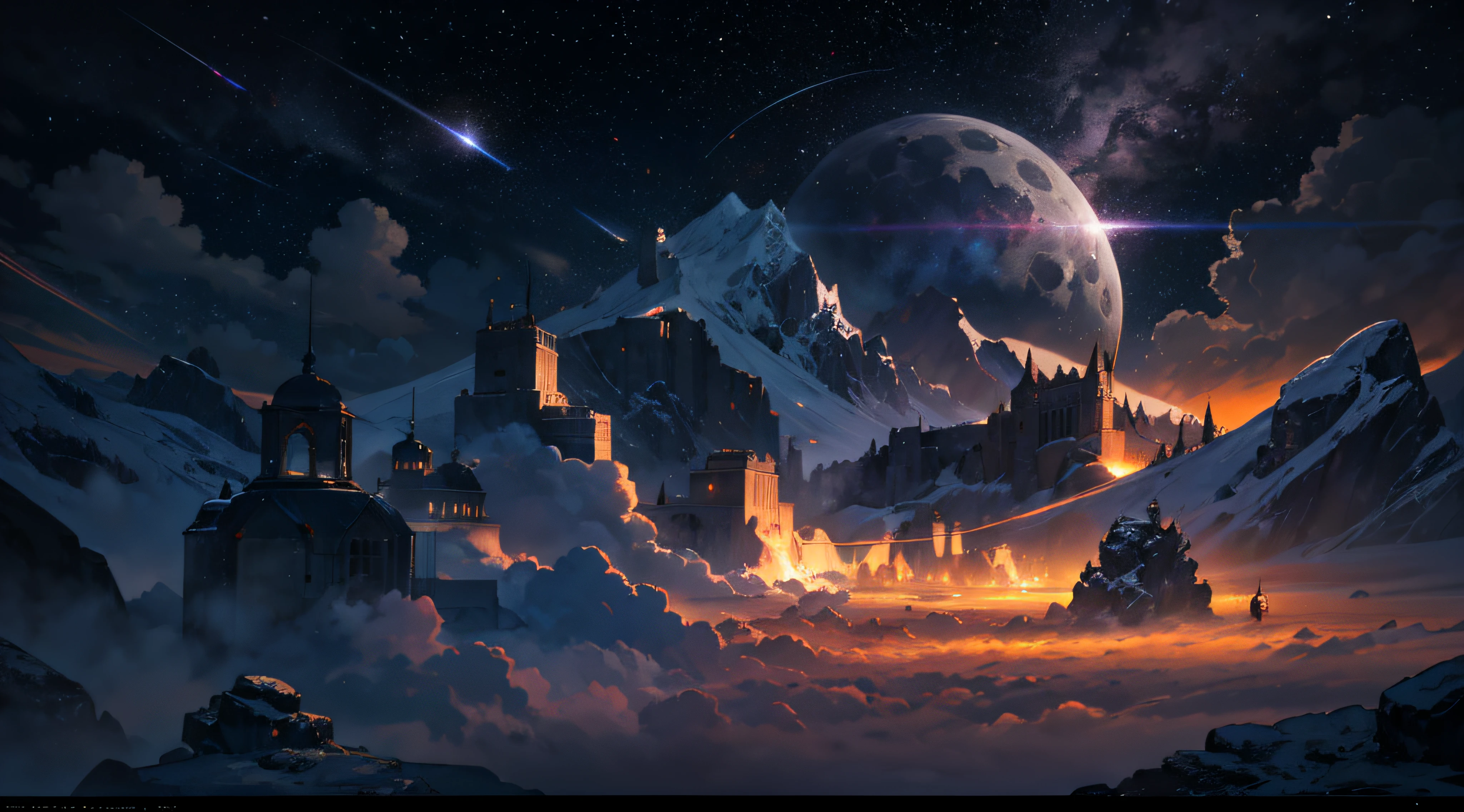 Expansive landscape photograph，（moon full：1.2），（meteors：0.9），（Starcloud：1.3），（Warm light source：1.2），（glowworm：1.2），lamp lights，Lots of purple and orange，Complicated details，Volumetriclighting，Realism BREAK（tmasterpiece：1.2），（best qualtiy），8K，Ultra-detailed，（dynamic compositions：1.4），The is very detailed，Colorful details，（Irridescent color：1.2），（luminouslighting，Atmospheric lighting），dream magical，magical，（独奏：1.2），（（best qualtiy））， （（tmasterpiece））， （the detail：1.4），depth of fields，maximum definition and sharpness，perfectly proportions，Fluttering clouds，Wallpapers