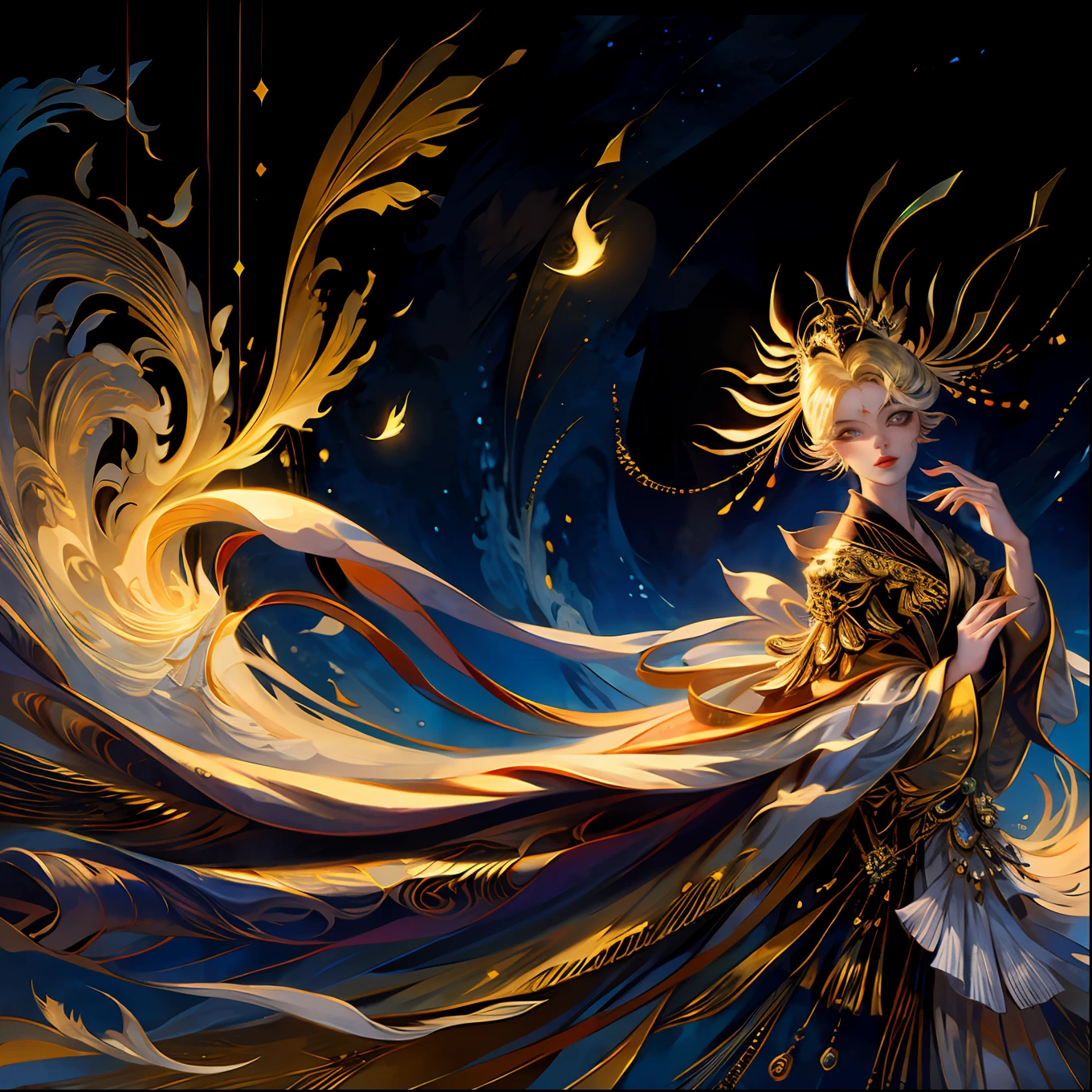 (tmasterpiece,top Quority,offcial art,Beauty and aesthetics:1.2),1girll, (The upper part of the body), Gold pattern robe, White pants, Look to the lens, a golden halo, Gold Wing, had his hands folded, coiffed blonde hair, Black eyes, Closed mouth, sunny clear sky, Skylight, extremely detaile,Extremely colorful,Most detailed。