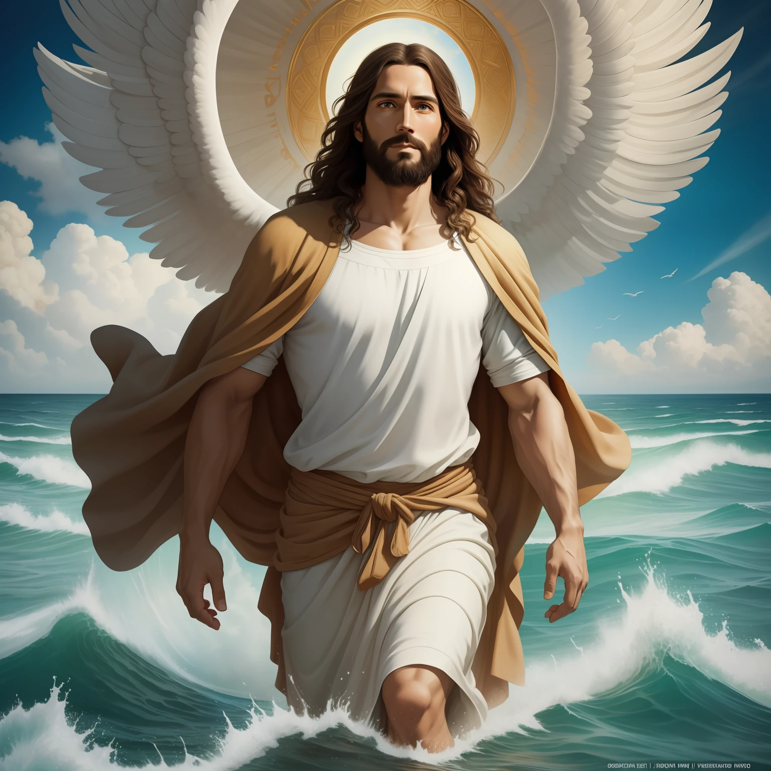 A beautiful ultra-thin realistic portrait of Jesus, the prophet, a man 35 years old Hebrew brunette, short brown hair, long brown beard, with, Helping People , wearing long linen tunic closed on the chest part, in front view, full body, biblical, realistic,by Diego Velázquez,Peter Paul Rubens,Rembrandt,Alex Ross,8k, Concept Art, PhotoRealistic, Realistic, Illustration, Oil Painting, Surrealism, HyperRealistic, helping people , Digital art, style, watercolorReal Jesus flying on sky with a flying cloud in the background, Jesus walking on water, biblical illustration, epic biblical representation, forcing him to flee, coming out of the ocean, ! holding in hand!, disembarking, god of the ocean, beautiful representation, 8k 3D Model, realistic,
a 3D Realistic of jesus with a halo in the sky, jesus christ, smiling in heaven, portrait of jesus christ, jesus face, 35 young almighty god, portrait of a heavenly god, greg olsen, gigachad jesus, jesus of nazareth, jesus, the face of god, god looking at me, he is greeting you warmly, he is happy, avatar image